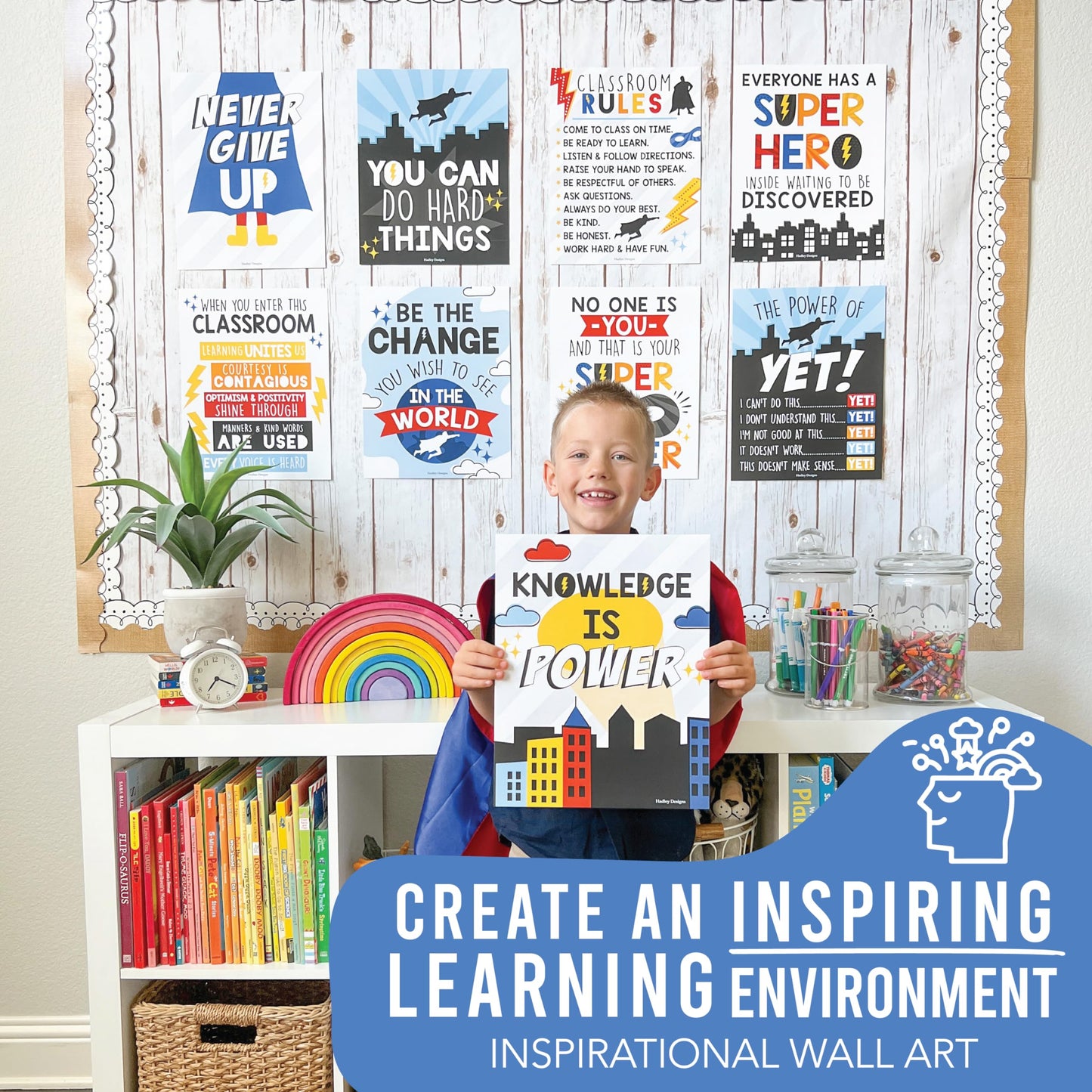 Hadley Designs Motivational Poster for Classroom Decor - 9 Growth Mindset Classroom Posters Elementary, Inspirational Wall Decor Middle School, Teacher Must Haves, Superhero Bulletin Board Decorations