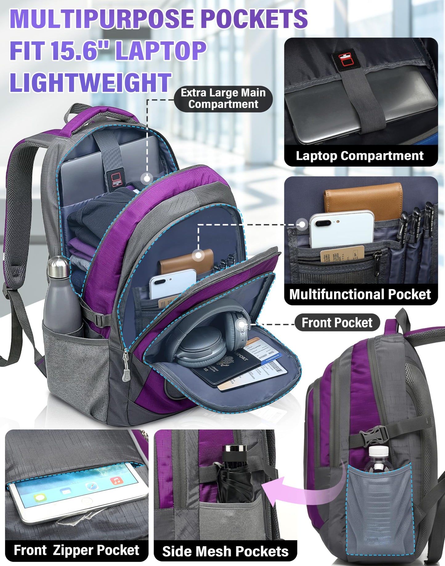 ProEtrade Backpack Bookbag for College Sturdy Travel Business Hiking Fit Laptop Up to 15.6 Inch Multi Compartment Gifts for Men Women Night Light Reflective (Purple A)