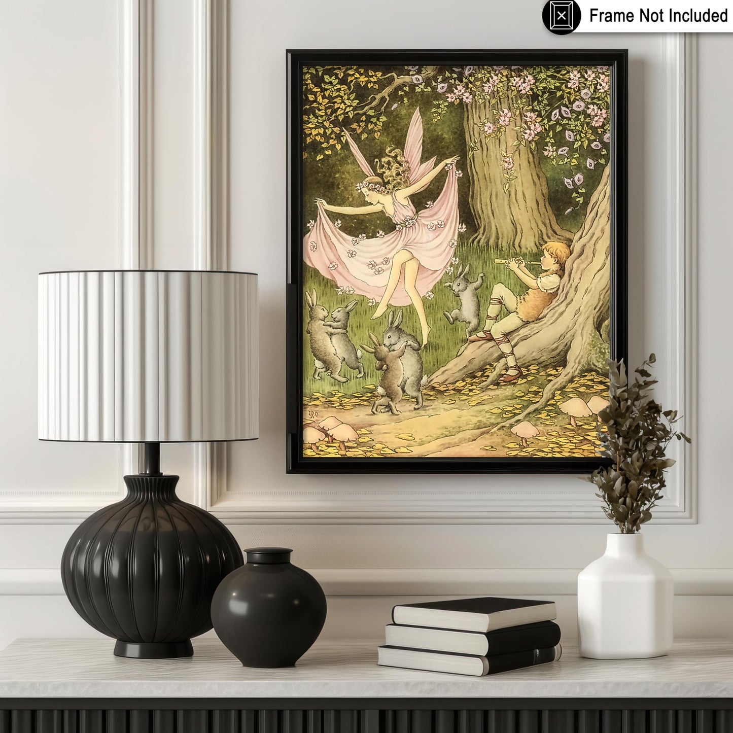 Poster Master Vintage Fairy Dancing In The Forest With Rabbits And Piper Poster - Fairytale Print - Mythical Art - Fairy Art - Aesthetic Creation - Living Room or Bedroom Design - 8x10 UNFRAMED Wall Display