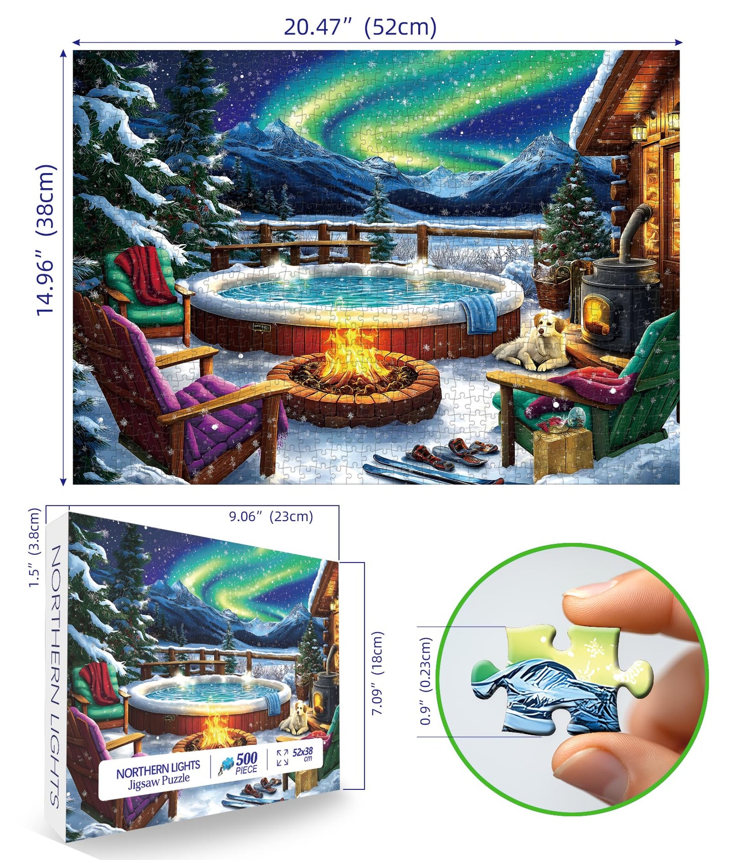 MINIWAN 500 Piece Jigsaw Puzzle for Adults Seniors - Winter Northern Lights Cozy Cabin Puzzle, 23"x15", Letter Coded Back with Reference Poster, Relaxing Family Game