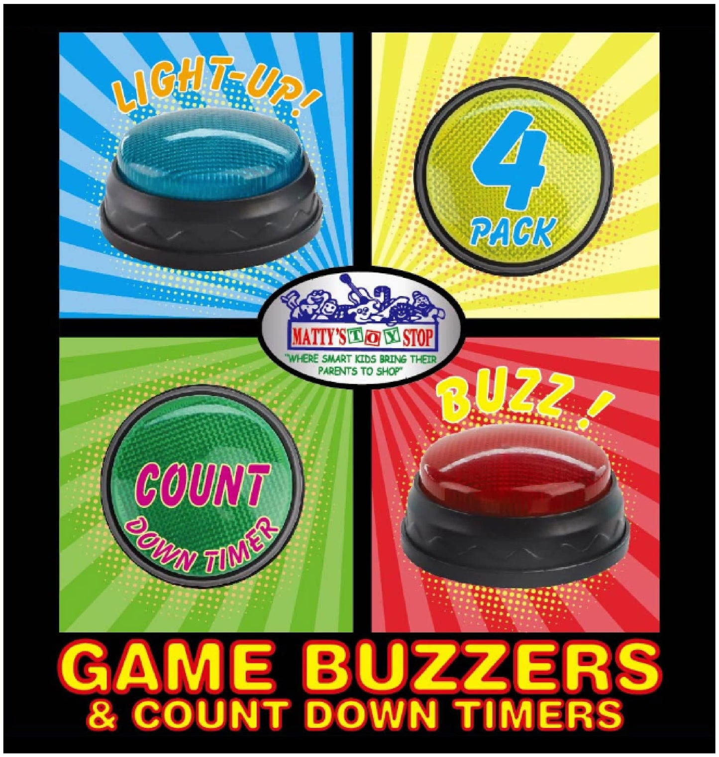 Matty's Toy Stop Game Show Buzzers for Kids & Adults – 4 Pack Answer Buzzers with Lights & Sounds, 3 Game Modes, Classroom Learning, Trivia Nights, Family Game Night, Homeschool Supplies