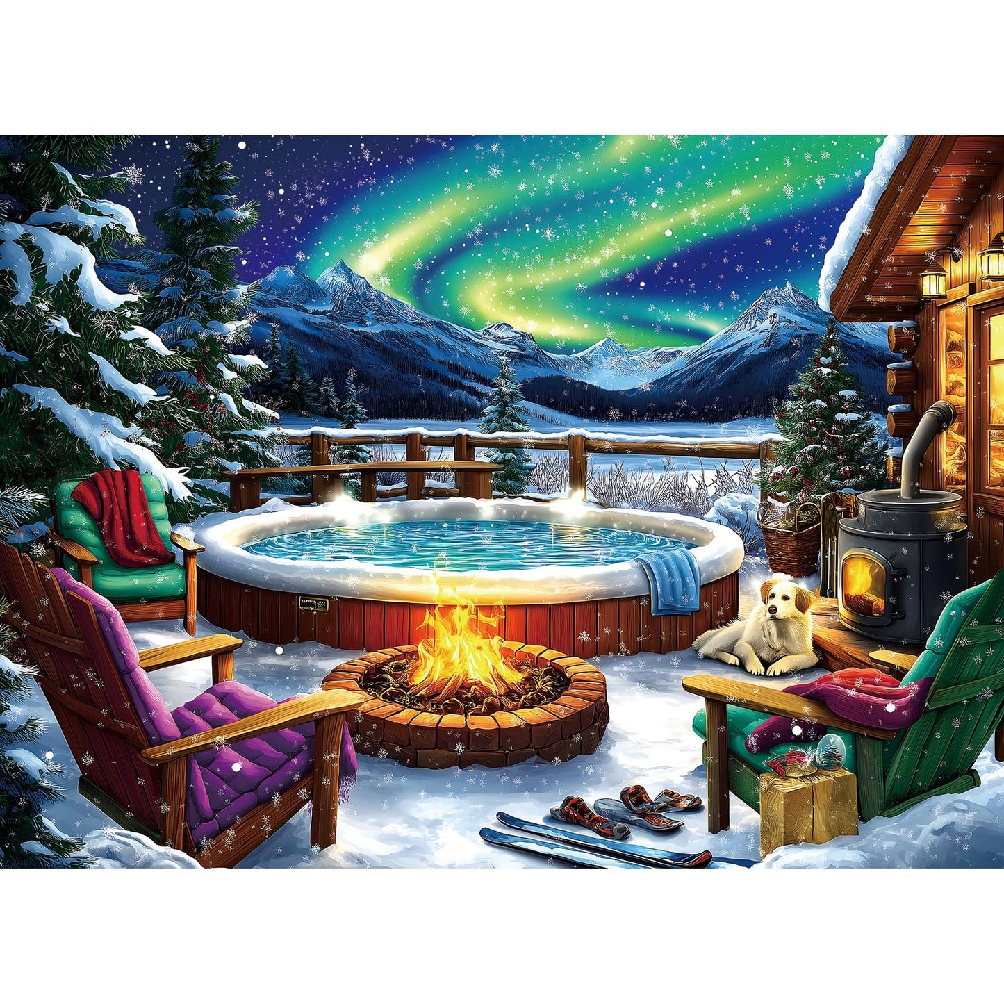 MINIWAN 500 Piece Jigsaw Puzzle for Adults Seniors - Winter Northern Lights Cozy Cabin Puzzle, 23"x15", Letter Coded Back with Reference Poster, Relaxing Family Game