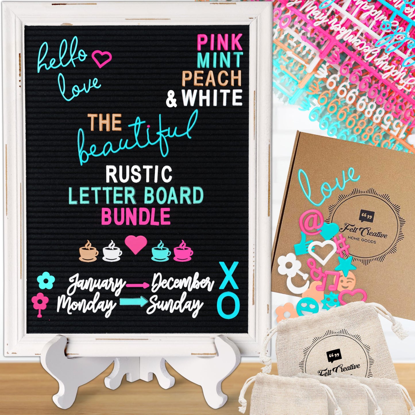 Rustic Felt Letter Board Ultimate Bundle Farmhouse Vintage White Wood Frame and Stand by Felt Creative Home Goods Changeable Message Memo Board 800+ Letter Set (Black, 12x16)
