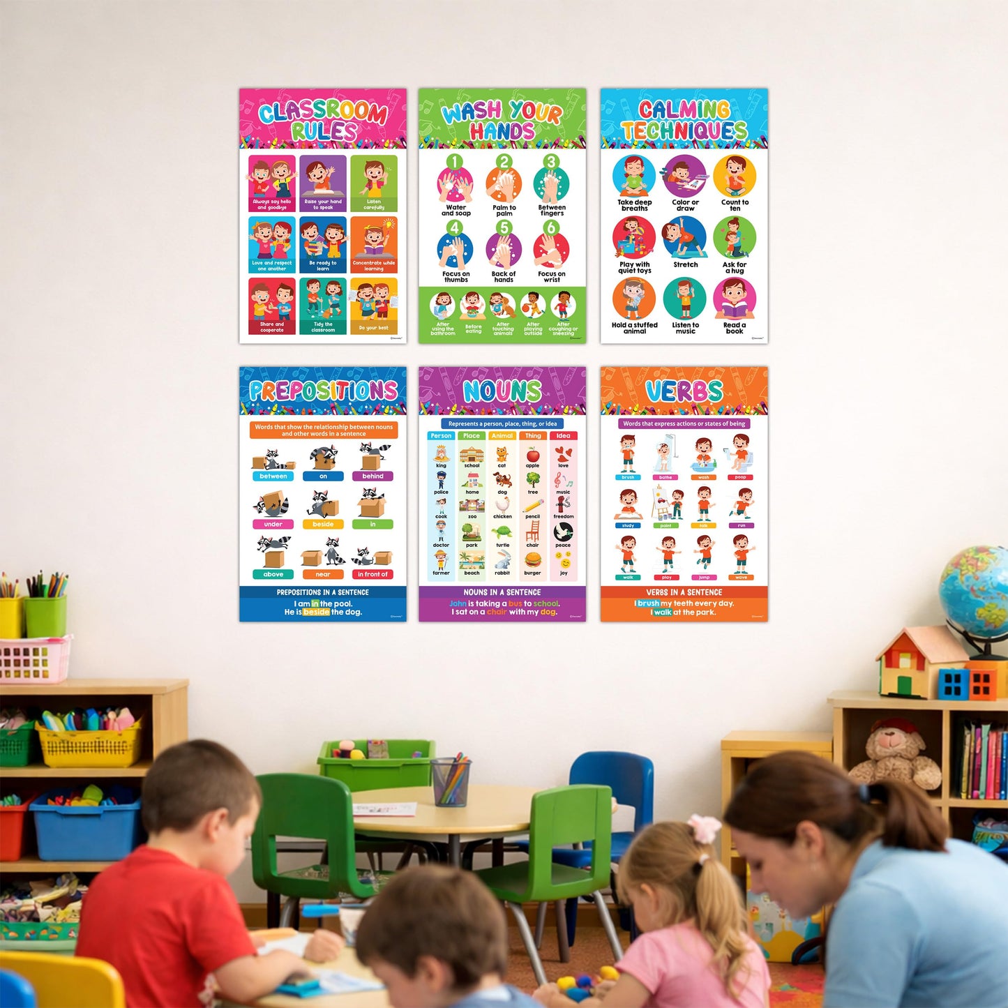 Decorably 50 Pack Vibrant Kindergarten Preschool Learning Posters for Toddlers 1-3, 11x17in Educational & Comprehensive Set, Matte-Laminated Classroom Decor for School Hallways, Bulletin Boards, Home Study Room