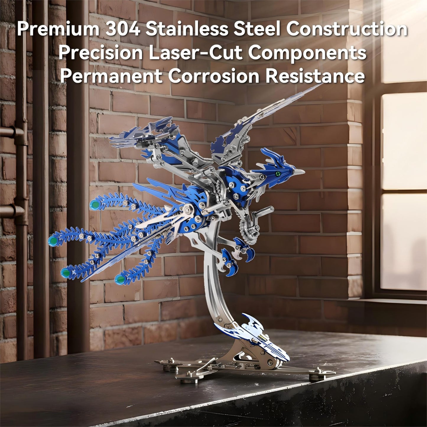 Gold-Plated Metal Phoenix Model Kit - 3D Stainless Steel Mythical Bird Puzzle for Adults - Mechanical Firebird Figurine - Steampunk Kinetic Art Sculpture - Home Decor Gift(Phoenix-Blue)