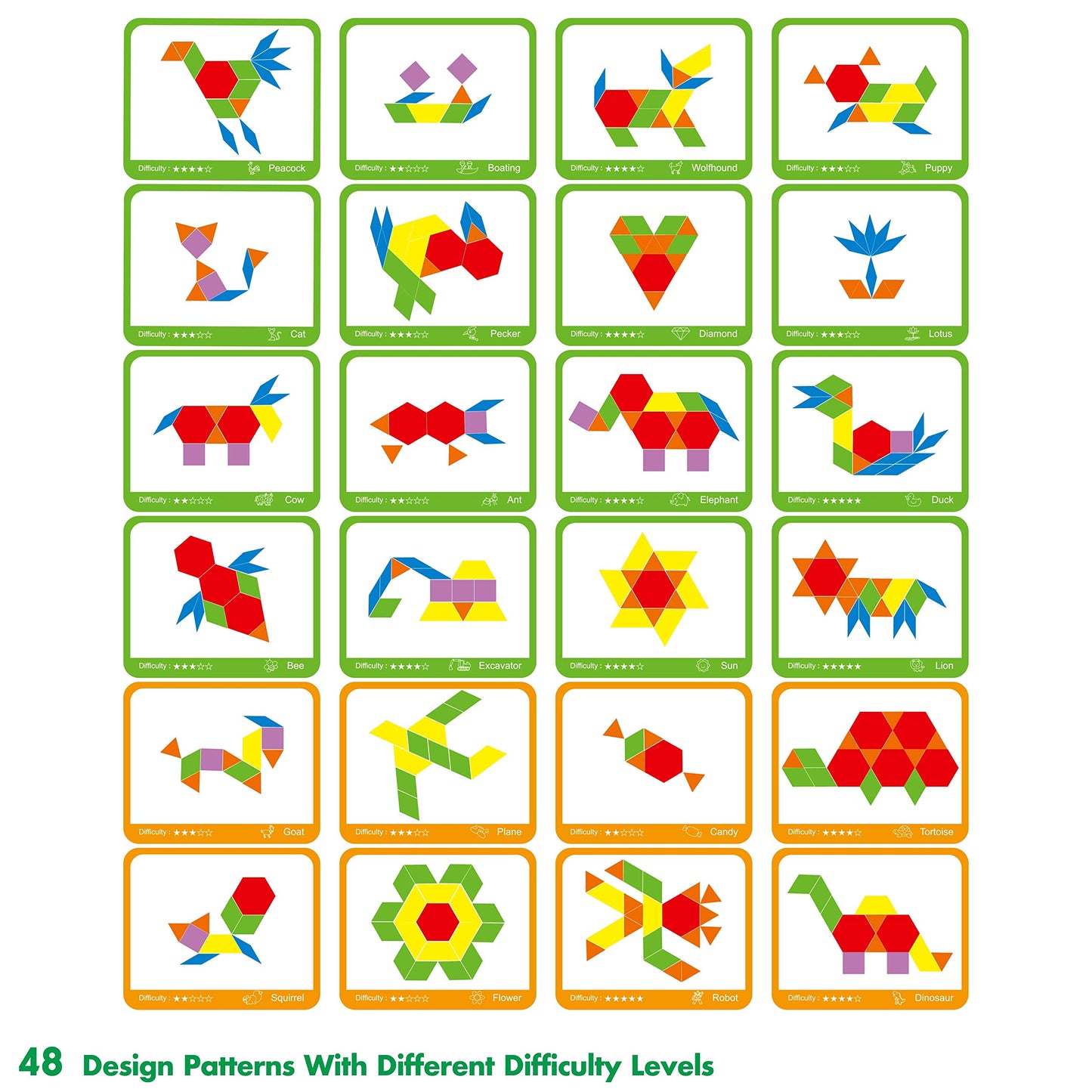 SpriteGru 300 PCS Wooden Pattern Blocks Set for Kids with 24 Double-Sided Design Cards(48 Patterns) and Storage Bag in Gift Box,Fun Montessori Learning Toys