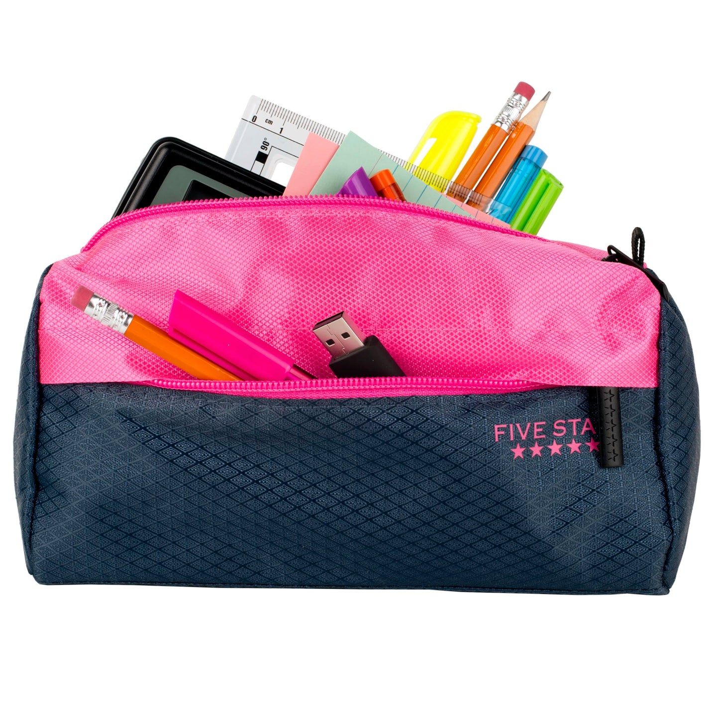 Five Star Pencil Pouch, Pen Case, 9-Pocket Zipper Pouch, Storage Organizer for School Supplies Earbuds Chargers Cables Makeup, Navy/Pink (505600B-ECM)