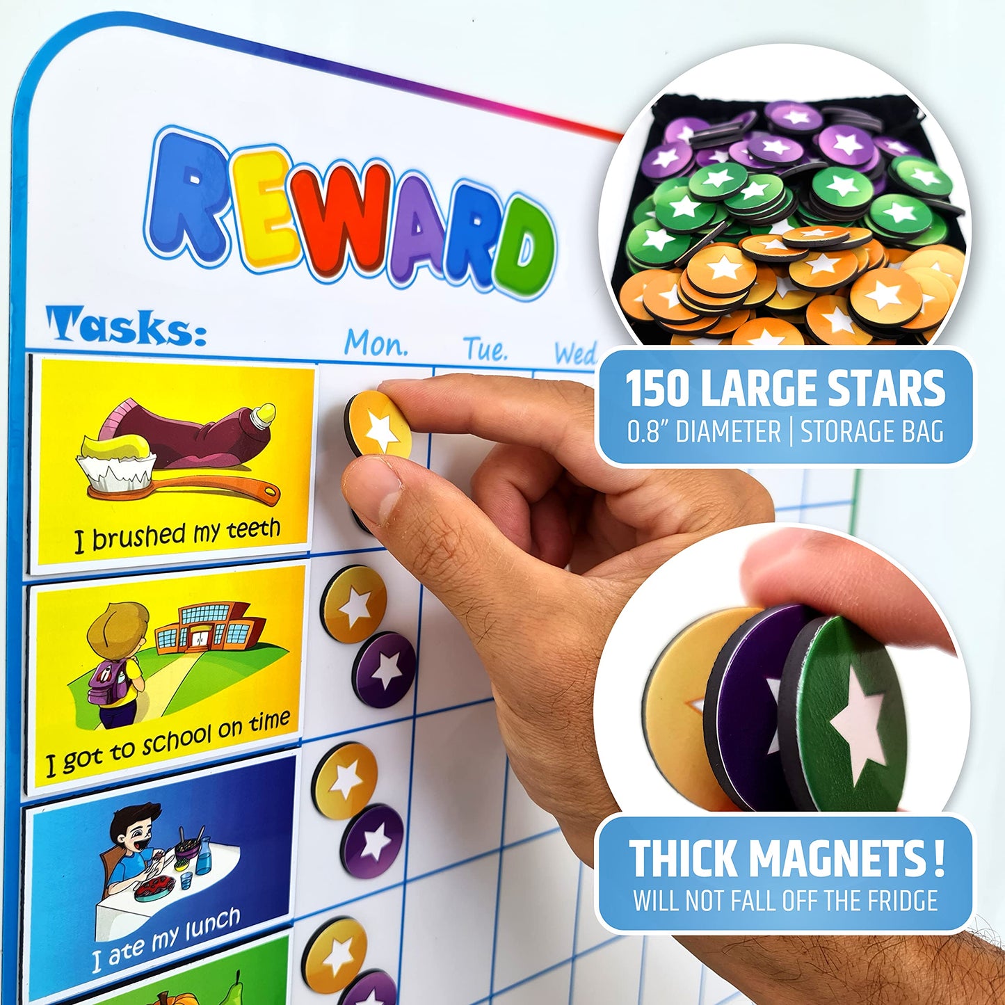 Large Magnetic Reward Chart for Multiple Kids (1-3 Kids) - 127 Pre-Written Stickers (Including Potty Training) + 30 Custom Chores - Behavior, Responsibility & Incentive Star Chart for Your Fridge