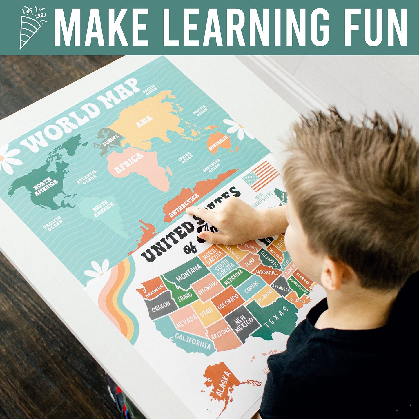 Hadley Designs 4 Alphabet, Map of United States, World Map, & Solar System Posters - Laminated ABC Charts for Toddlers Wall Decor, Retro Posters for Kindergarten, Prek Classroom or Homeschool 11x17