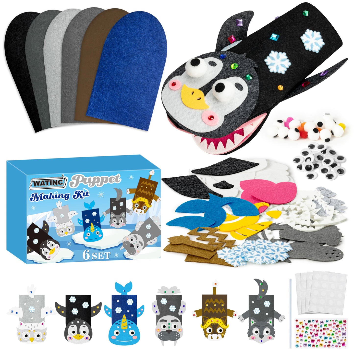 WATINC 6Pcs Hand Puppet Making Kit, Art Craft Felt Sock Puppet Toys, Creative DIY Make Your Own Pompoms Wiggle Googly Eyes Storytelling Role Play Party Supplies Gift for Girls Boys (Polar Animals B)