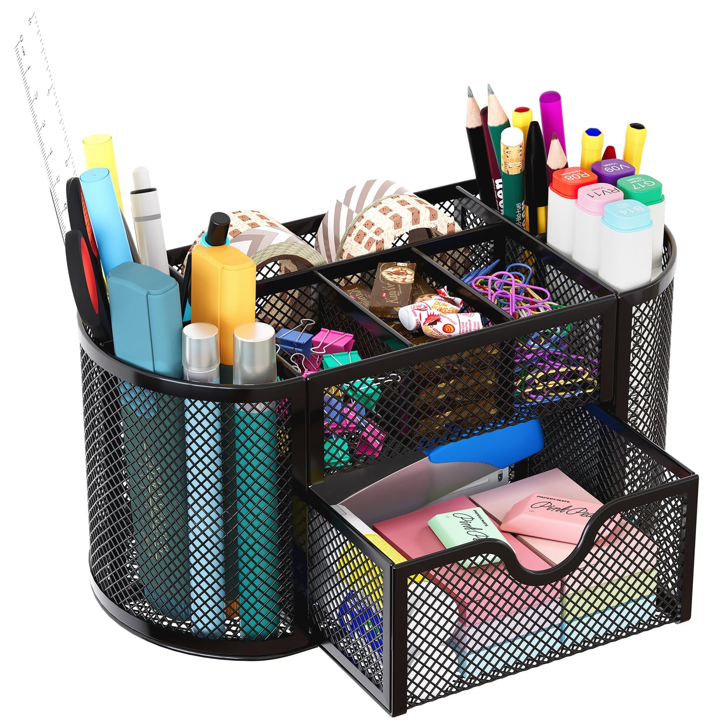 EasyPAG Mesh Pen Holder Desk Organizer with Drawer Stationery Supplies Organizer for Dorm School 9 Compartments Workspace Desk Accessories Organization for Office, Black