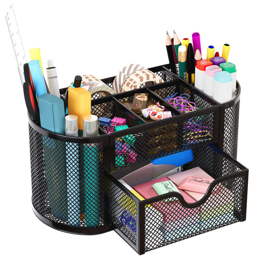 EasyPAG Mesh Pen Holder Desk Organizer with Drawer Stationery Supplies Organizer for Dorm School 9 Compartments Workspace Desk Accessories Organization for Office, Black