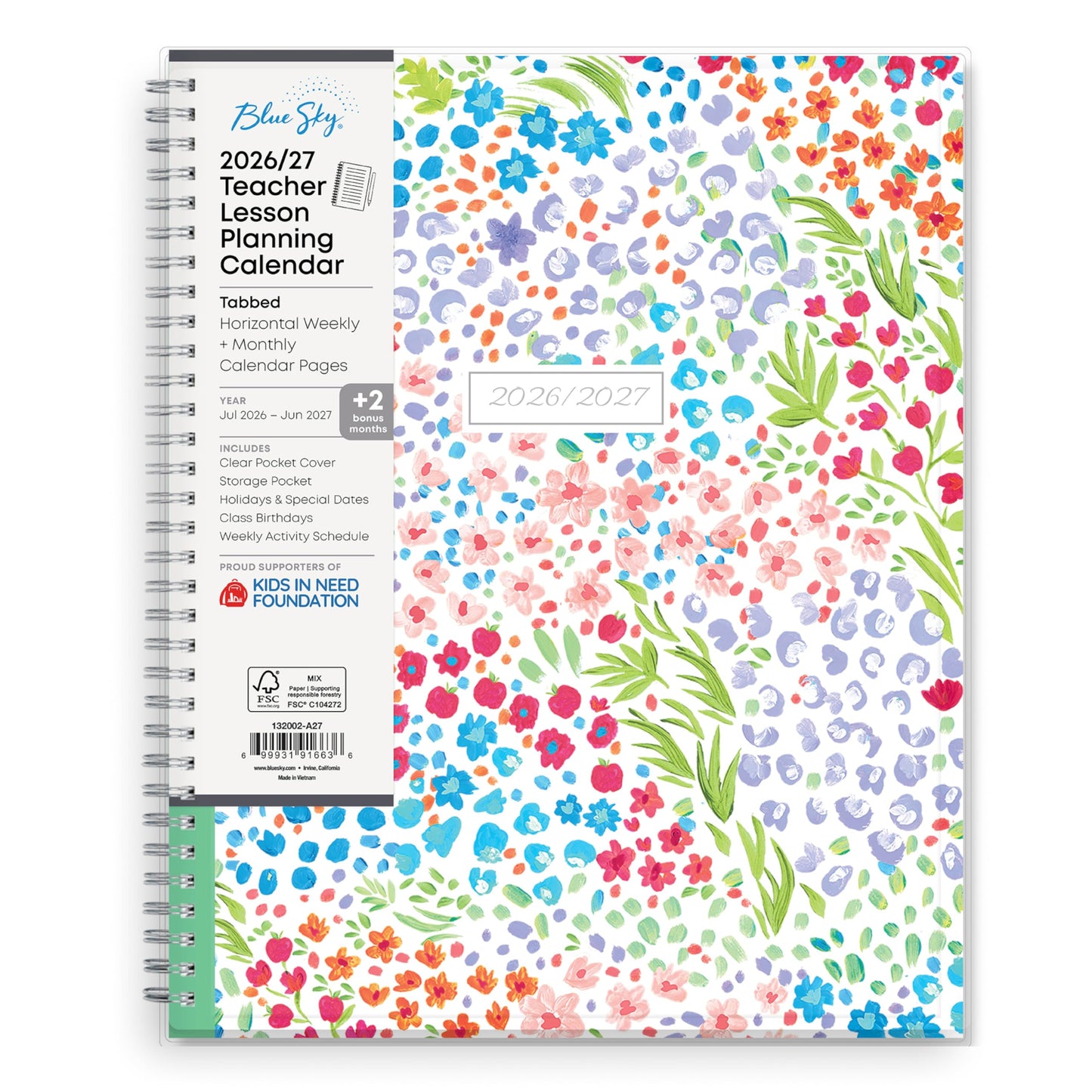 Blue Sky 2026-2027 Weekly and Monthly Academic Year Teacher Lesson Planner Calendar, July 2026 - June 2027, 8.5" x 11", Clear Pocket Cover, Wirebound, Laminated Tabs, Storage Pocket, Ditsy Dapple Light