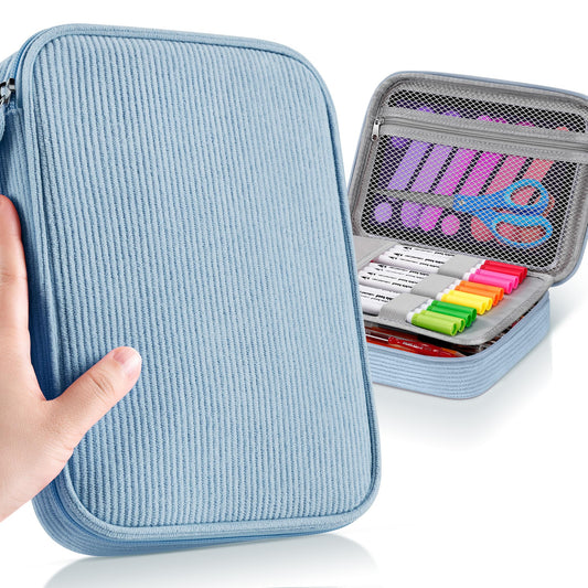 Zannaki Large Capacity Pencil Pouch Organizer | Soft Corduroy Pencil Box for Girls Boys Teens | Cute Big Pen Bag with Multiple Zipper Pockets - Pencil Case Storage for Art Supplies & Stationery-Blue