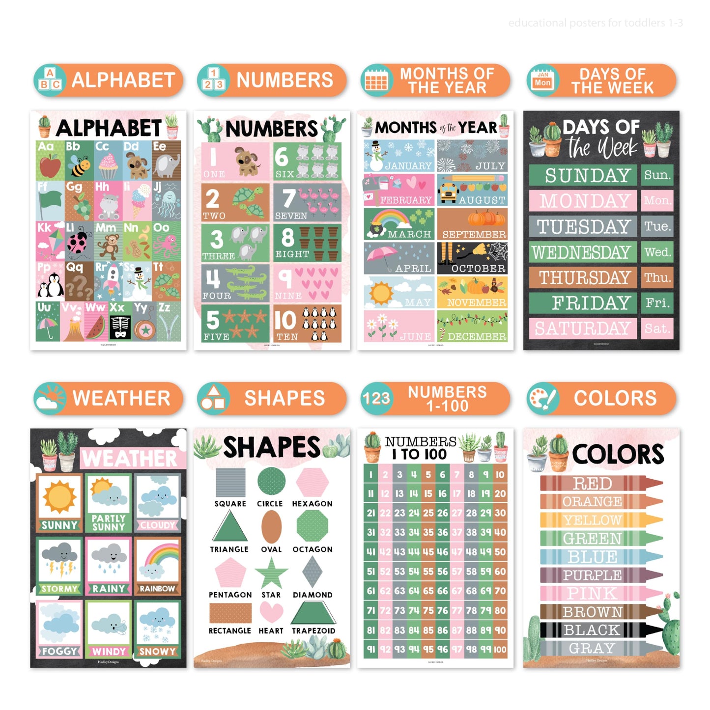 Hadley Designs 16 Educational Posters for Classroom Must Haves - Laminated Pre-K Posters for Toddler Homeschool Essentials, Toddler & Preschool Learning Activities, Kindergarten Classroom Decor