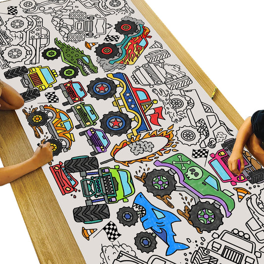 Tiny Expressions Monster Truck Coloring Poster for Kids - 30" x 72" Large Coloring Tablecloth for Monster Truck-Themed Birthday Parties - Fun Party Decorations for Boys and Girls