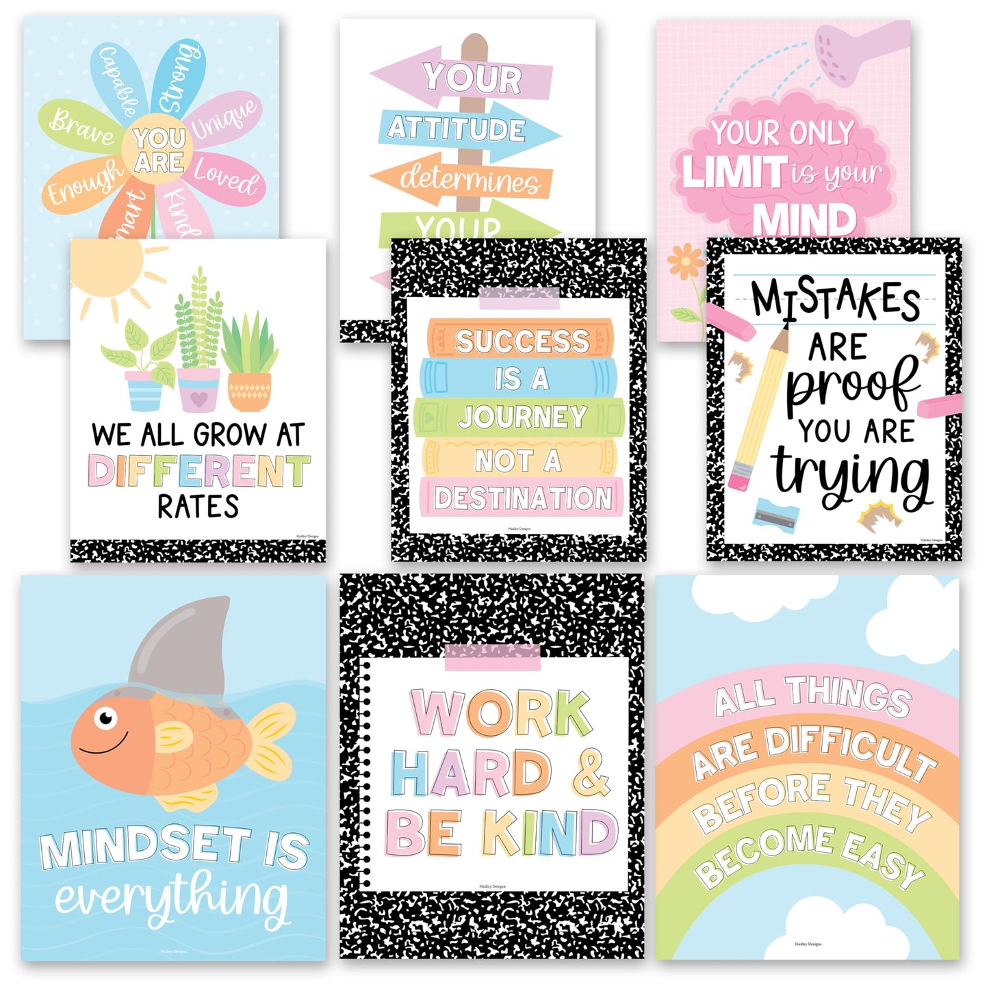 Hadley Designs Motivational Poster for Classroom Decor - 9 Growth Mindset Classroom Posters Elementary, Inspirational Wall Decor Middle School, Teacher Must Haves, Pastel Bulletin Board Decorations