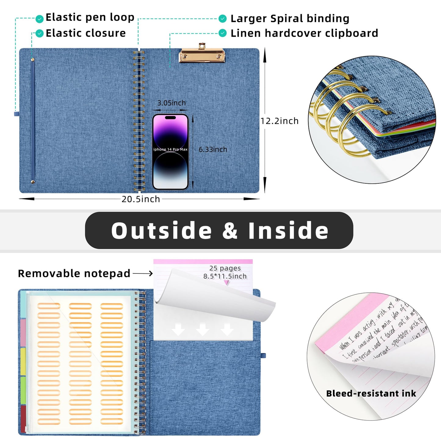 Ospelelf Foldable Spiral Clipboard Folio with Storage Zipper Pouch, 5 Plastic Folders with 10 Pockets, Refillable Lined Notepad (11" x 8.5"), Linen Hardcover Project Organizer(Haze Bule)