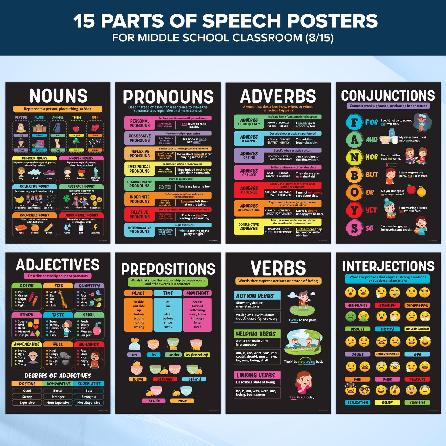 Decorably 15 Chalkboard Parts of Speech Grammar Posters for Classroom, 11x17in Educational, Matte-Laminated Decor - for School, Hallways, Bulletin Boards, Home Study Room