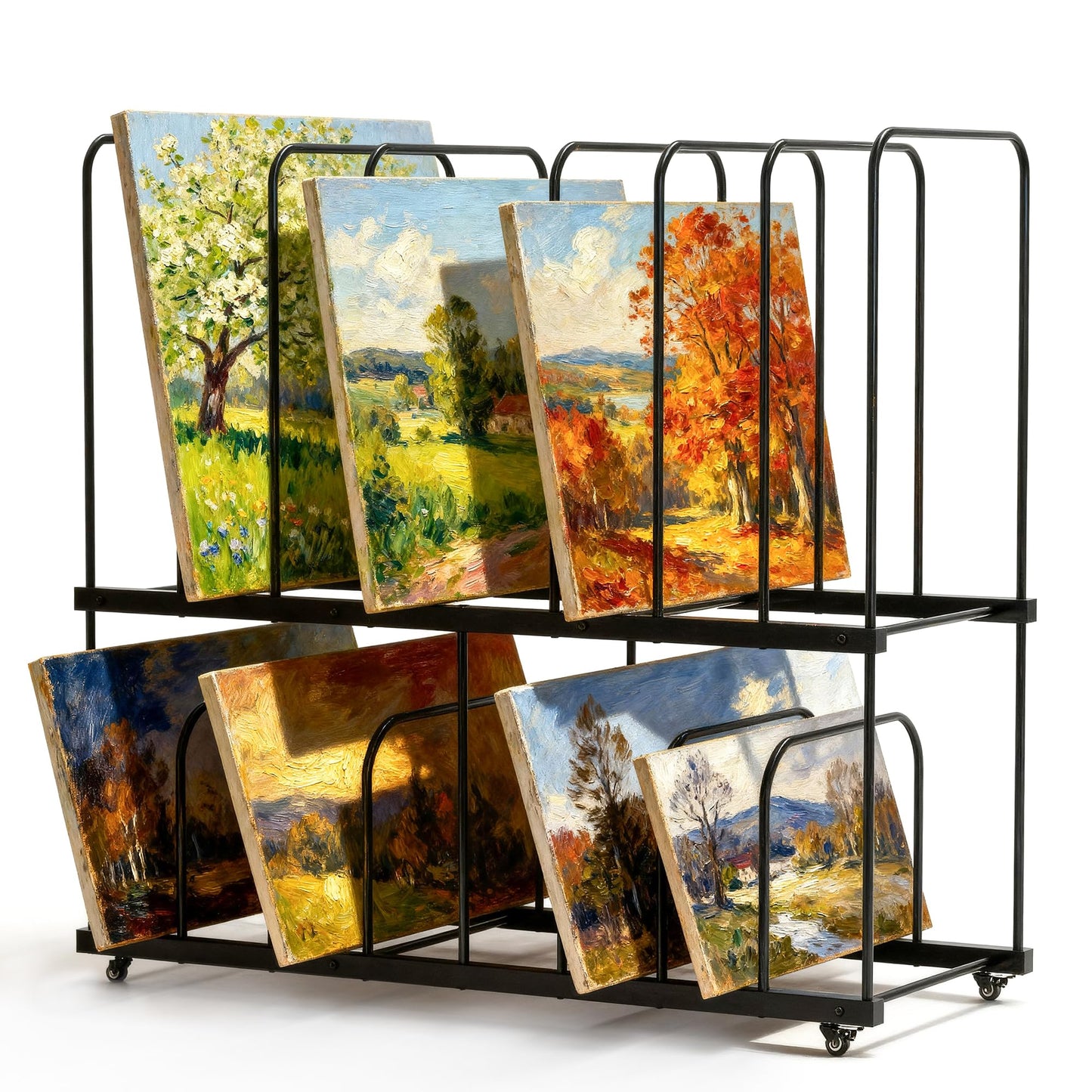 Tredre 2-Tier Art Storage Rack with Wheels, Extra-Large Adjustable Art Drying Painting Rack, Metal Canvas Storage Display Stand for Art Studio, Classroom and Gallery, 38.5" x 39.5" x 16" (Black)