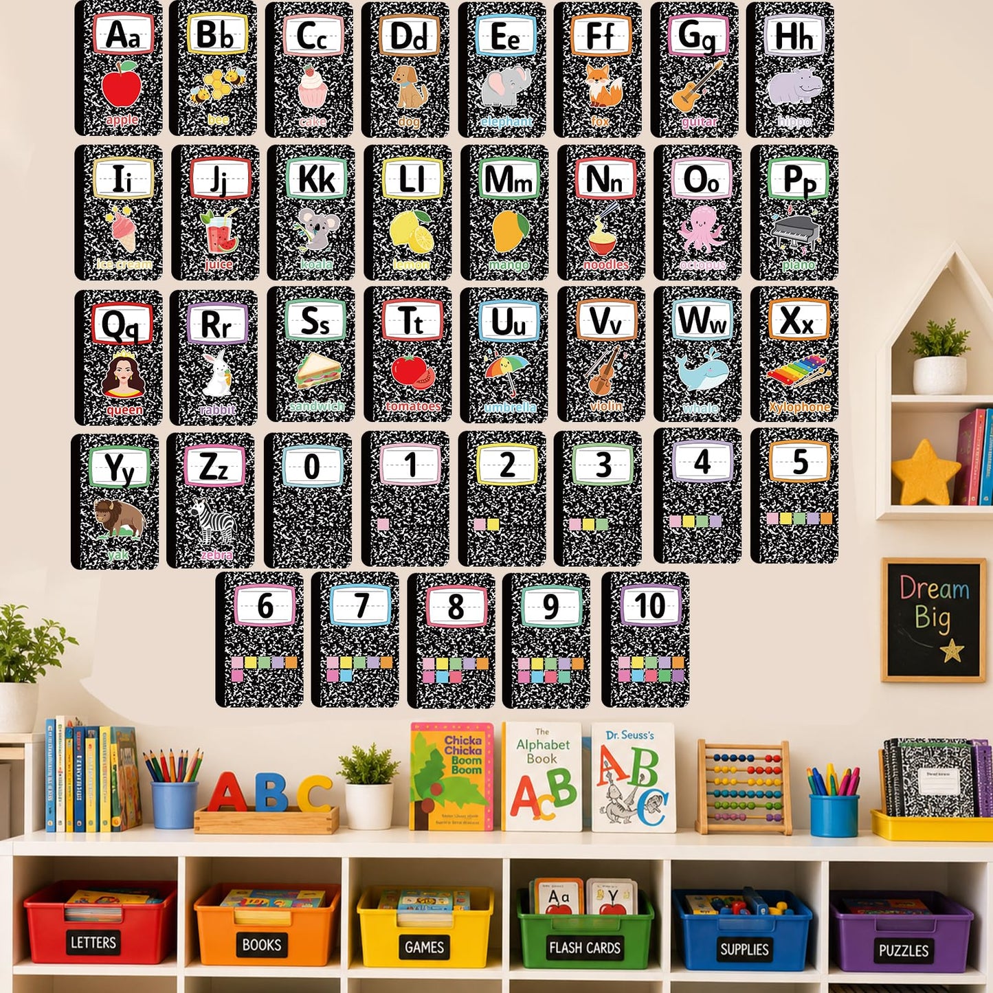 Composition Alphabet Bulletin Board Set ABC Alphabet Poster Classroom Decor Composition Letters 0-10 Numbers Bulletin Board Educational learning posters for School Office Home Chalkboard Wall Decor