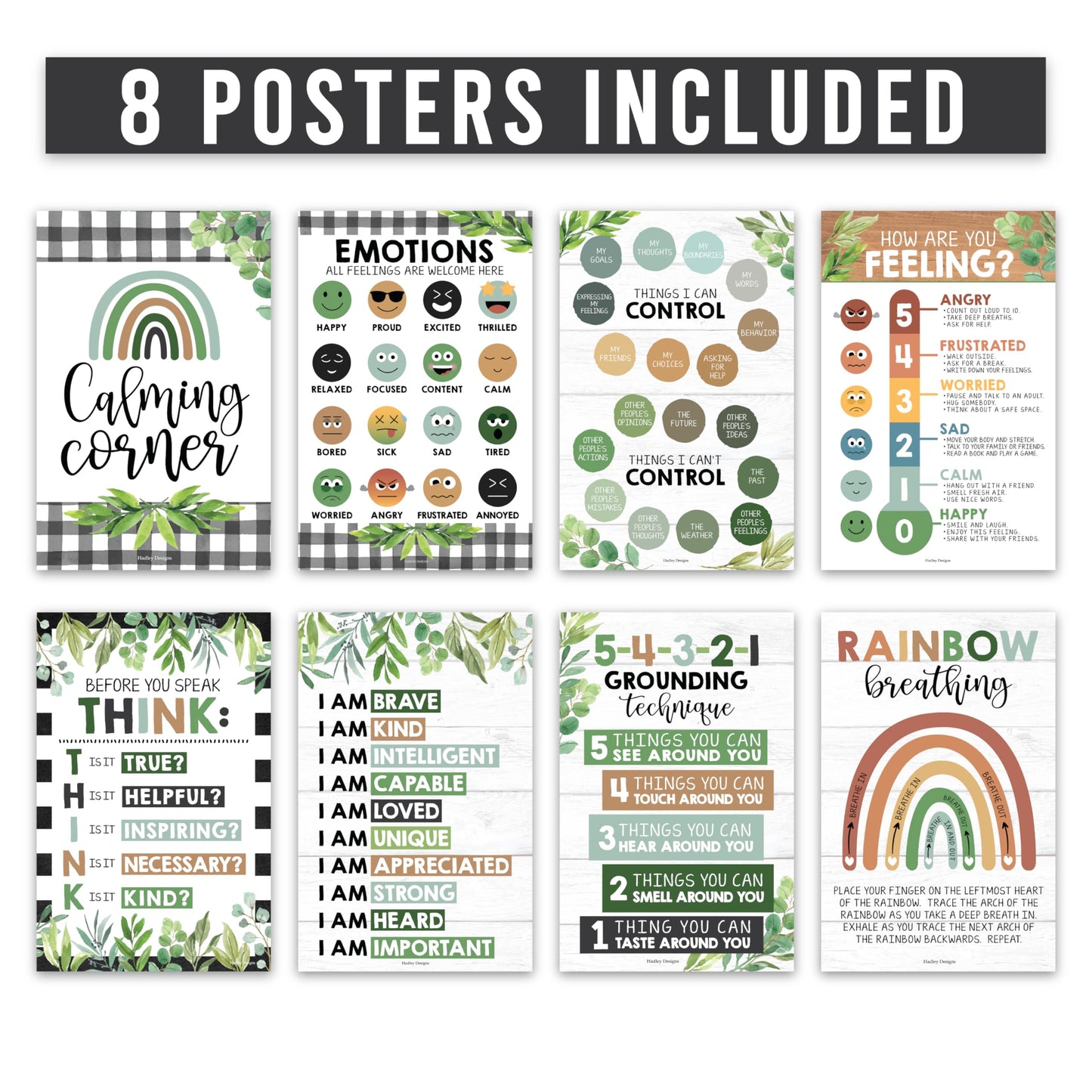 Hadley Designs 8 Calming Corner Posters for Classroom Must Haves - Calm Down Corner Supplies with Emotions Chart, School Counselor Mental Health Poster, Feelings Chart For Kids, Boho Classroom Decor