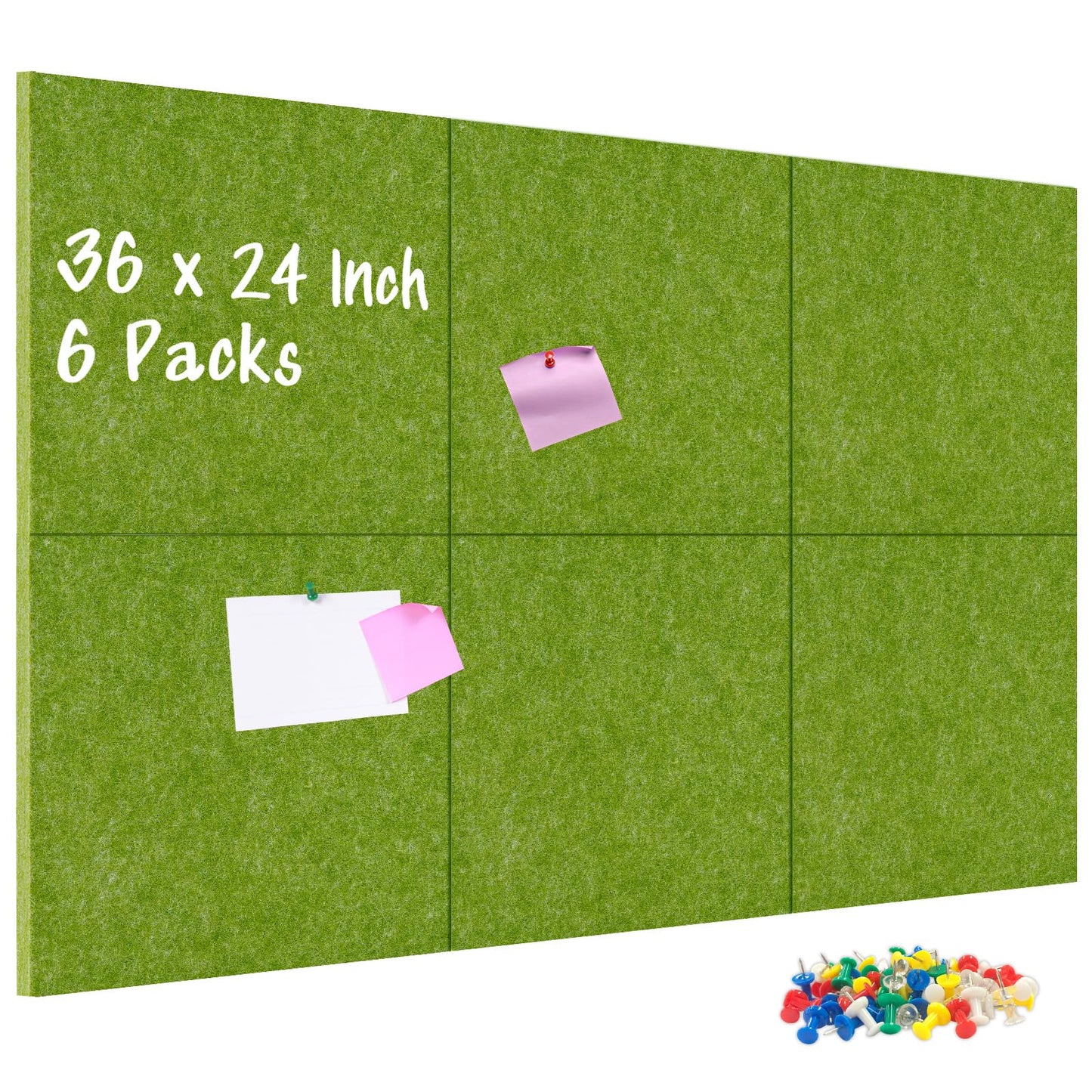 DOLLAR BOSS Felt Cork Board Tiles, 6 Packs 12" x 12" 1/2" Thick Cork Bulletin Board Self Adhesive Corkboards for Walls with 60 Pushpins for Home Office Kitchen School Decor Display, Green