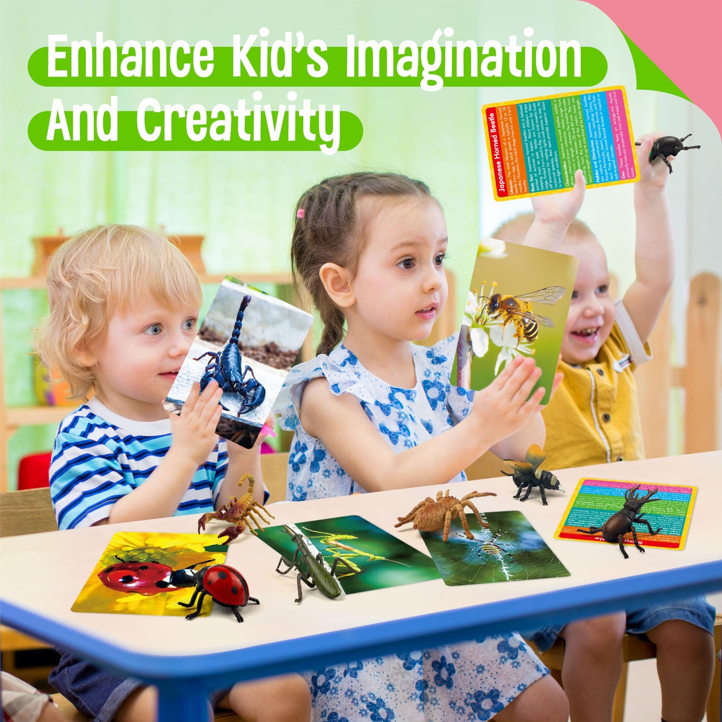 12 PCS Plastic Insect Figurines with 12 Introduction Flashcards, Small Creature Learning Recognition Cards Realistic Bug Models Educational Learning Toy Set for Kids, Classroom