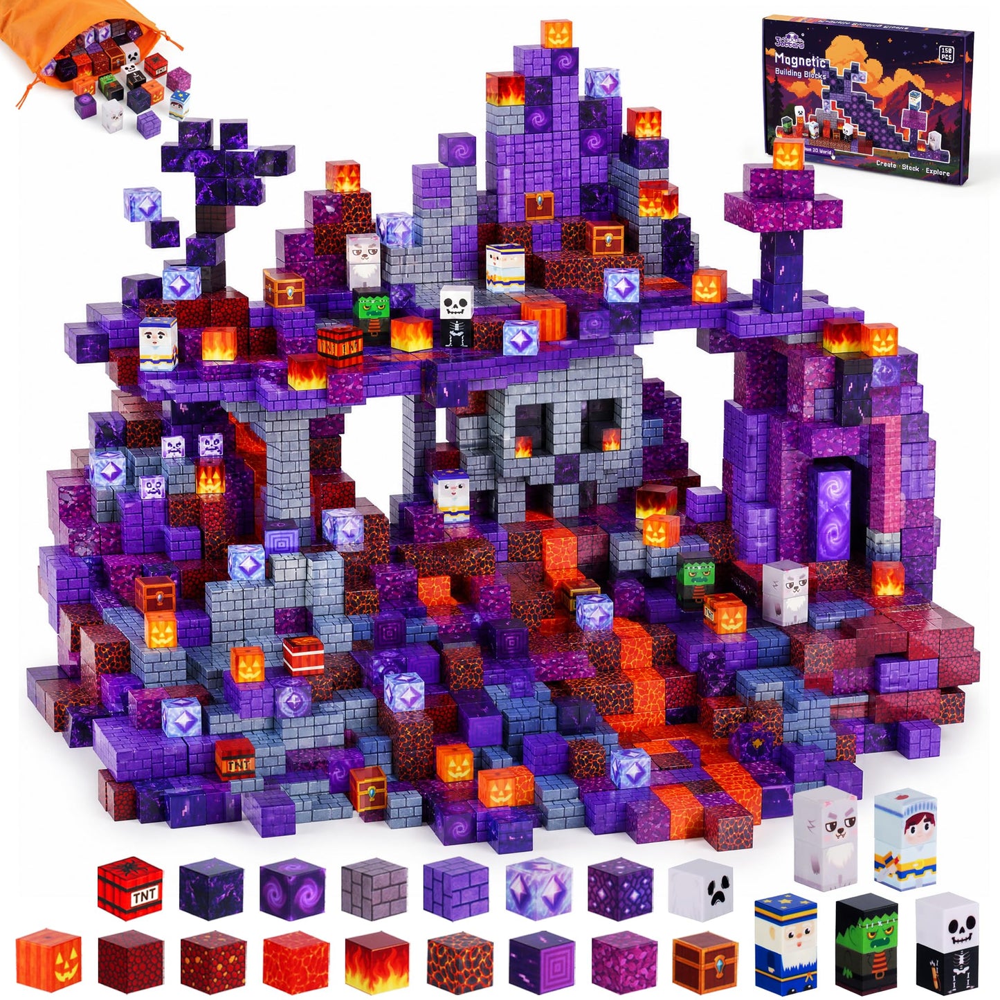 3 otters Magnetic Blocks 150PCS Portal Set, STEM Magnet Cubes Construction Toys for Kids, Sensory Stacking Building Blocks Birthday Gifts for Boys & Girls