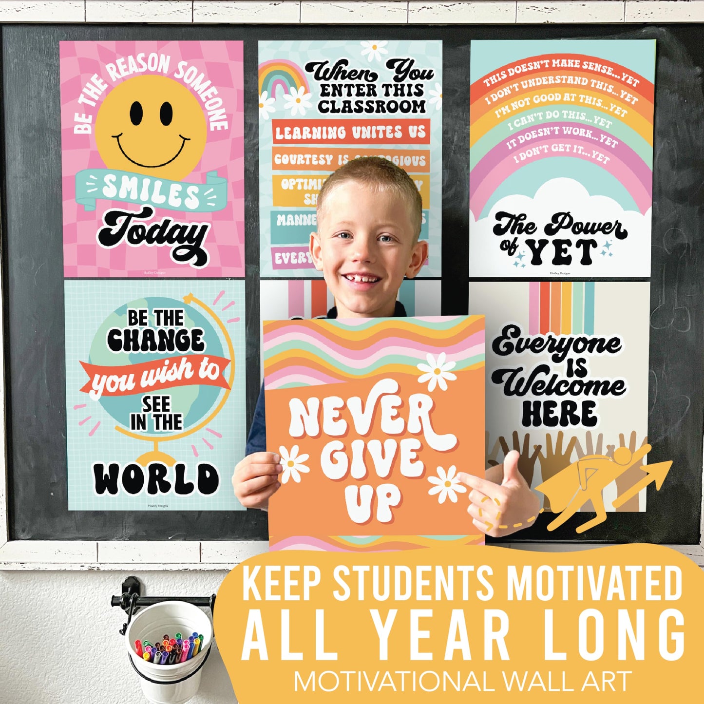 Hadley Designs Motivational Poster for Classroom Decor - 9 Growth Mindset Classroom Posters Elementary, Inspirational Wall Decor Middle School, Teacher Must Haves, Retro Bulletin Board Decorations