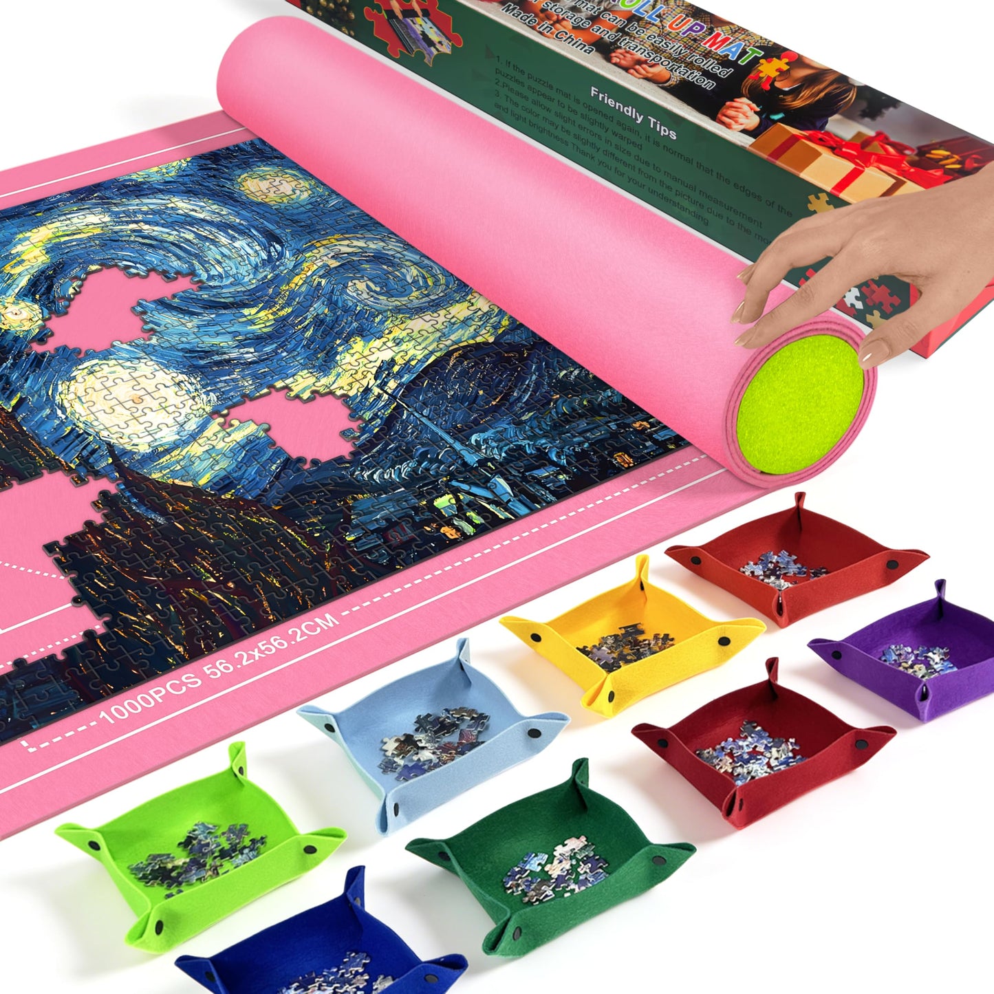 GOECI Portable Jigsaw Puzzle Roll Up Mat Kit - Holds Up to 1500 Pieces, Includes 8 Sorting Trays, Storage Bag & Box for Easy Transport and Crease-Free Storage Pink