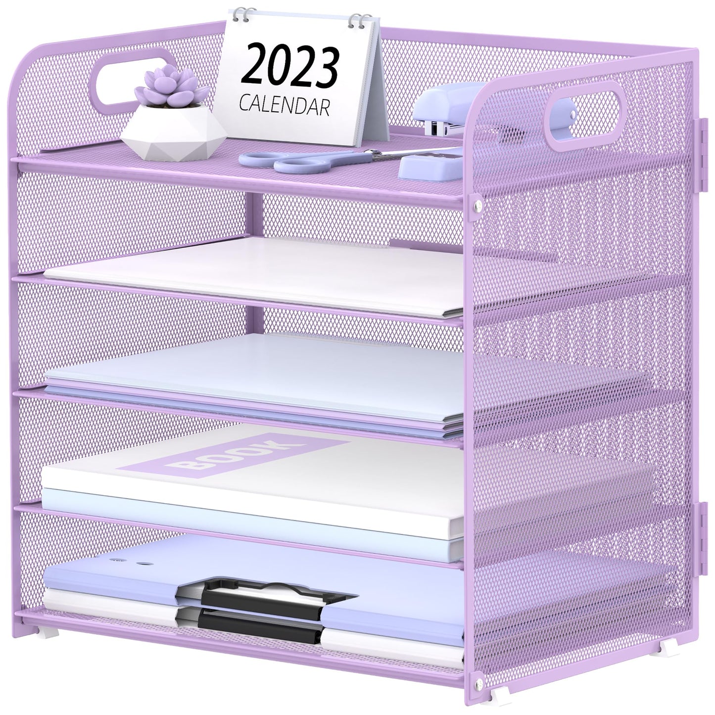 Supeasy 5 Trays Paper Organizer Letter Tray with Handle-Mesh Desk File Holders, Paper Sorter Desk Organizer for Office, Home, Classeoom or School, Purple