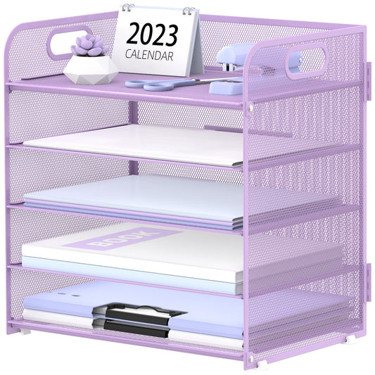 Supeasy 5 Trays Paper Organizer Letter Tray with Handle-Mesh Desk File Holders, Paper Sorter Desk Organizer for Office, Home, Classeoom or School, Purple