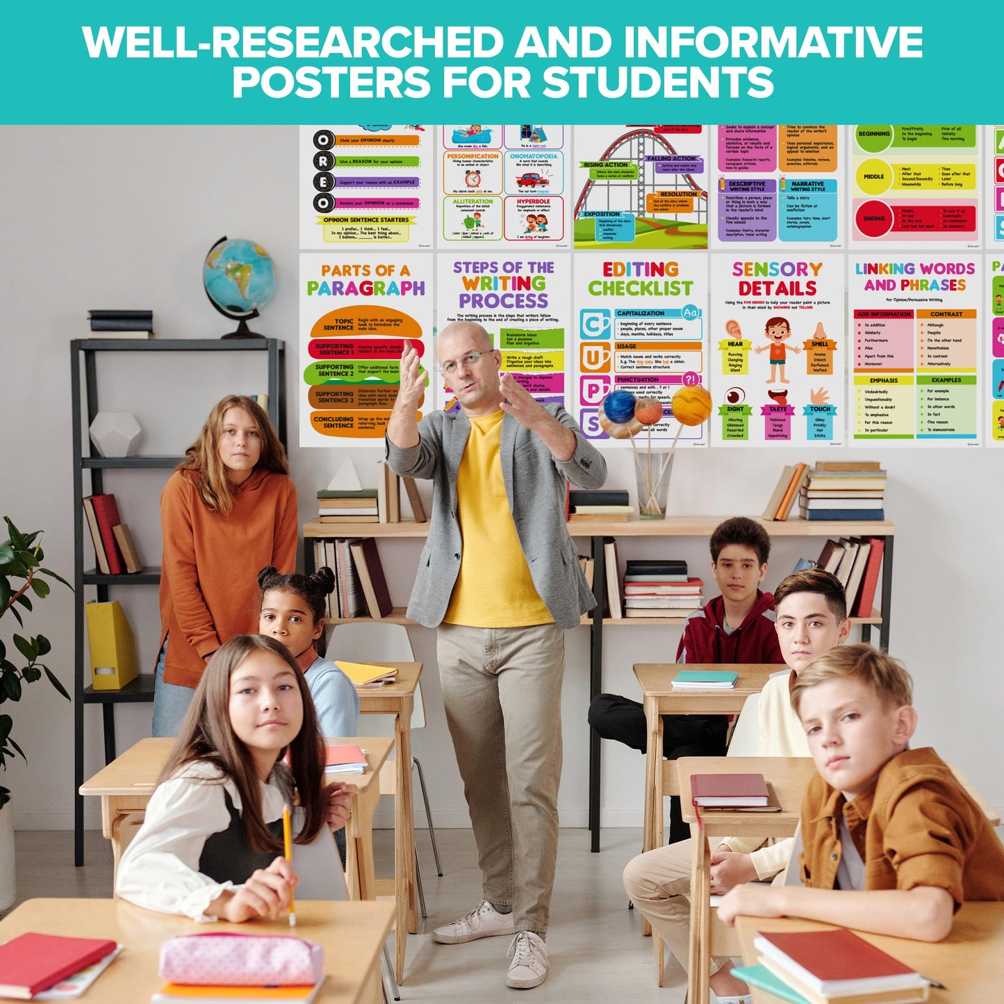 Decorably 12 Writing Posters for Classroom Middle School and Elementary, 11x16in Educational, Matte-Laminated for Hallways, Bulletin Boards, Home Study Room