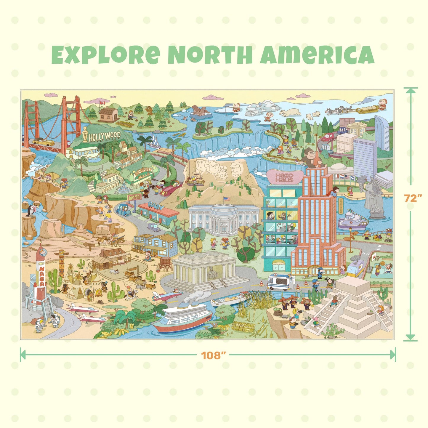 Large Kids Area Rug 6x9 – Interactive North America Map Carpet with States, Animals & Famous Landmarks – Soft Non-Slip Learning Play Mat for Kindergarten, School, or Bedroom Décor