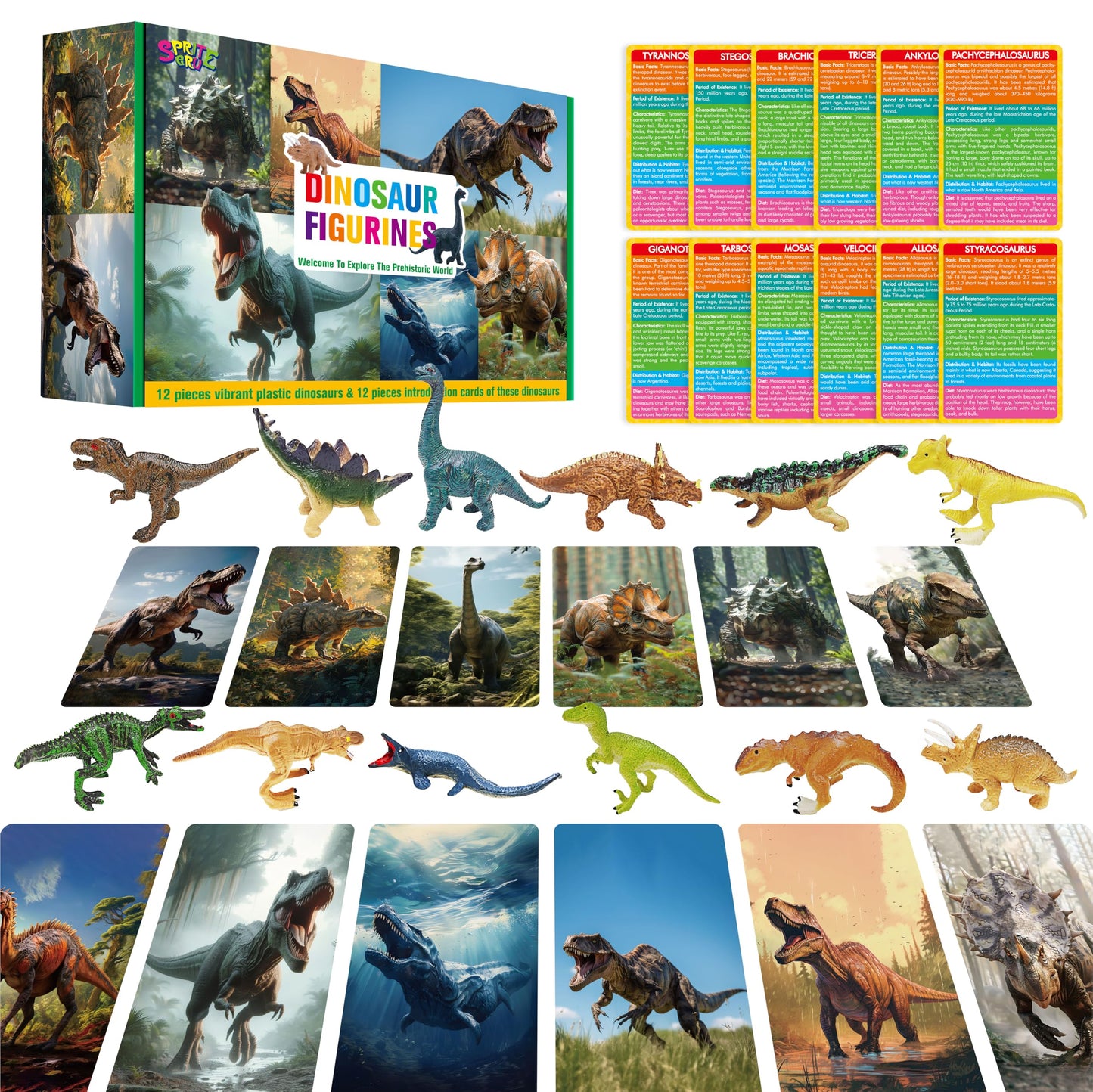 12 PCS Dinosaur Figurines with 12 Introducing Flashcards, Portable Dinosaur Figurines Montessori Toys Science Educational Matching Game for Homeschool Preschool Toddler Kids