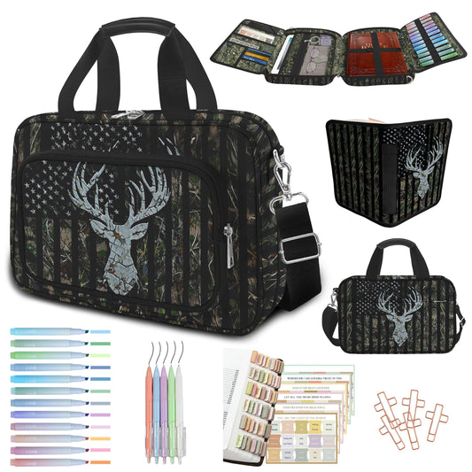 IBOVODI Camo Bible Case Covers, Large Bible Tote Bag Book Cover Study Supplies with Shoulder Strap Handle Zippered Pocket for Men Women (American Flag Deer)