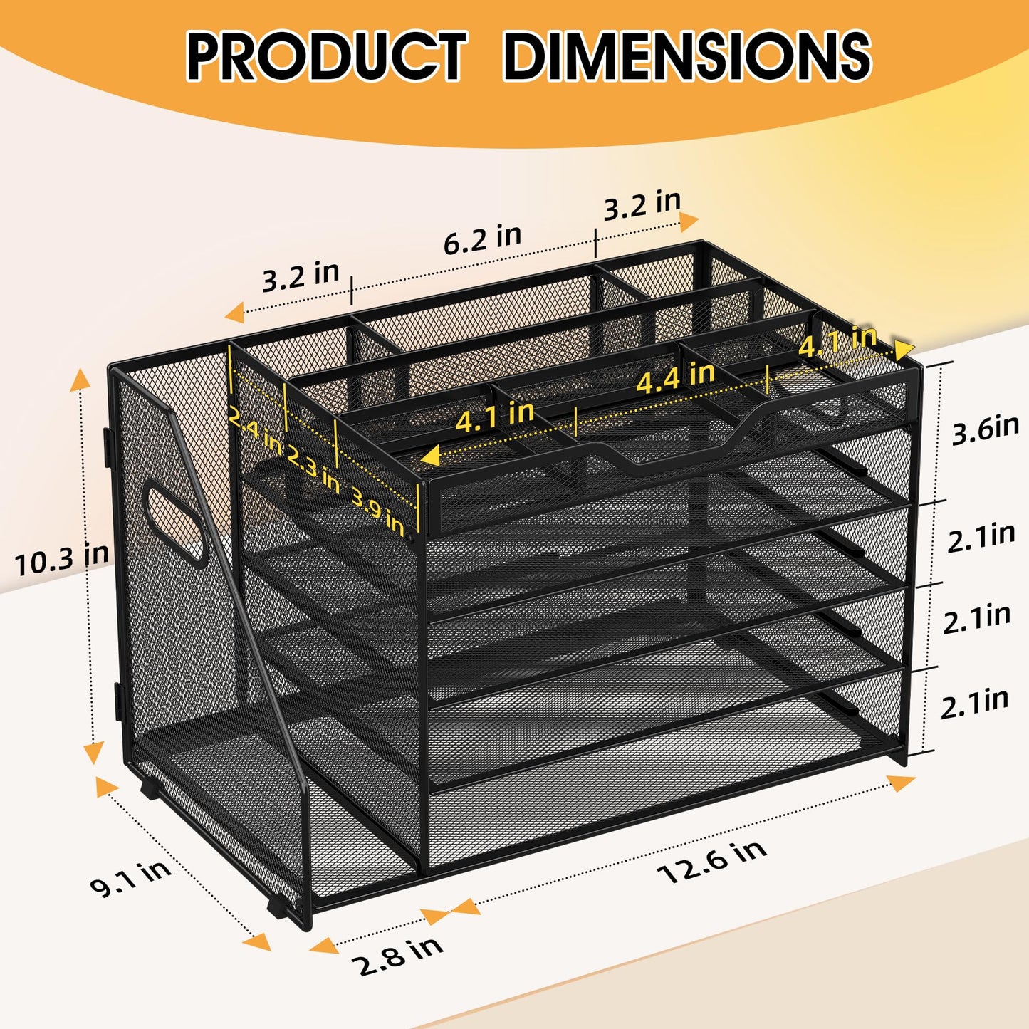 OrgMate 5 Tier Paper Letter Tray with File Holder and 3 Drop-in Pen Holders, Mesh Desk File Organizer with Handle, Desk Organizers and Accessories for School,Home, Office Supplies Storage-Black