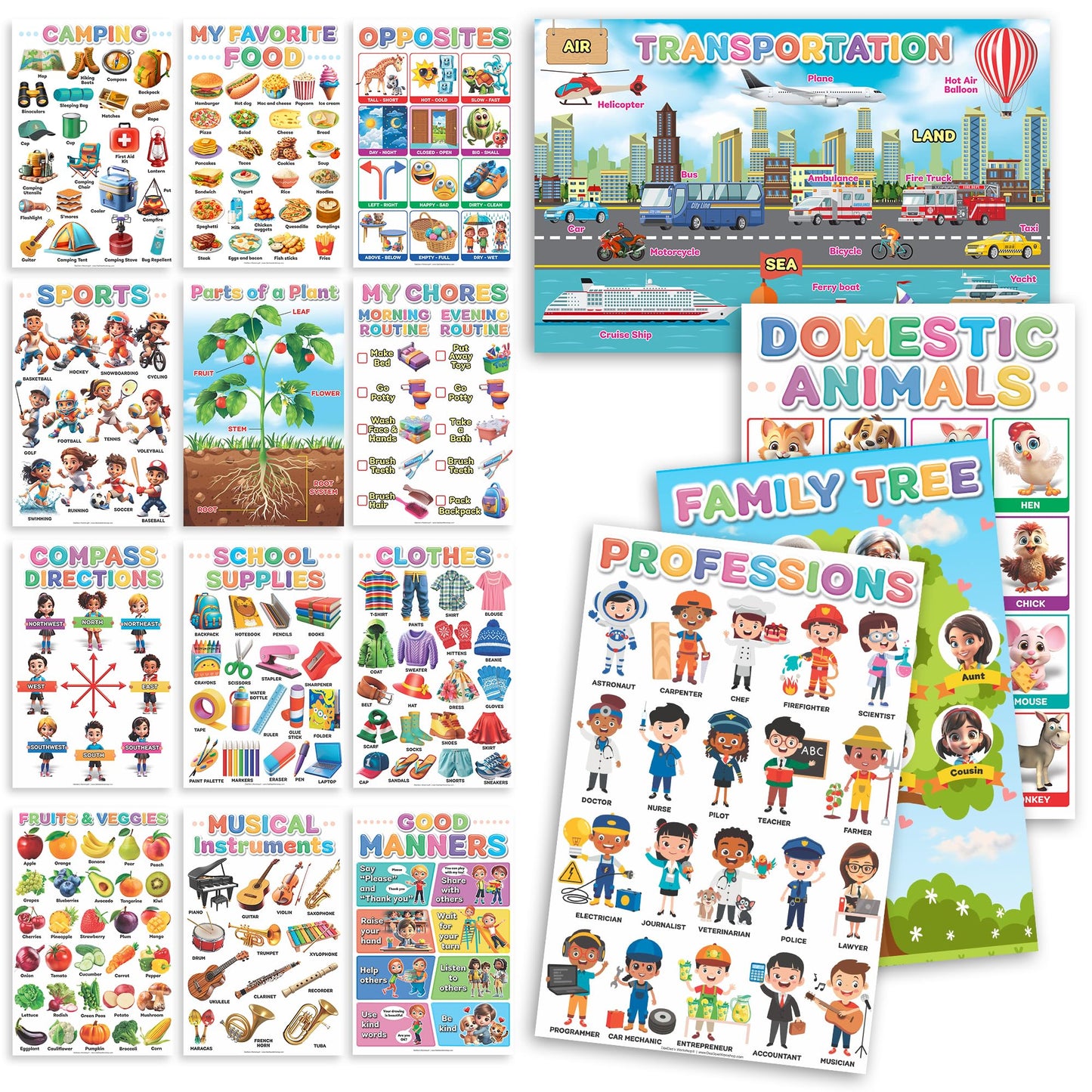 DeeDee's Workshop 16 Educational Posters vol. 2, Toddler Wall Decor, Daycare Essentials, Pre K Learning Materials (English vol. 2)