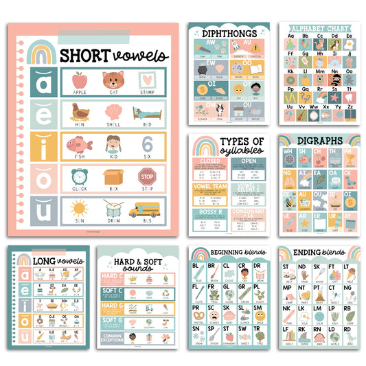 Hadley Designs Phonics Posters for Classroom Must Haves - 9 Sound Wall for Kindergarten & Elementary Teacher Supplies, Syllable, Vowels, Digraphs & Blends Bulletin Board Set, Boho Classrom Decor