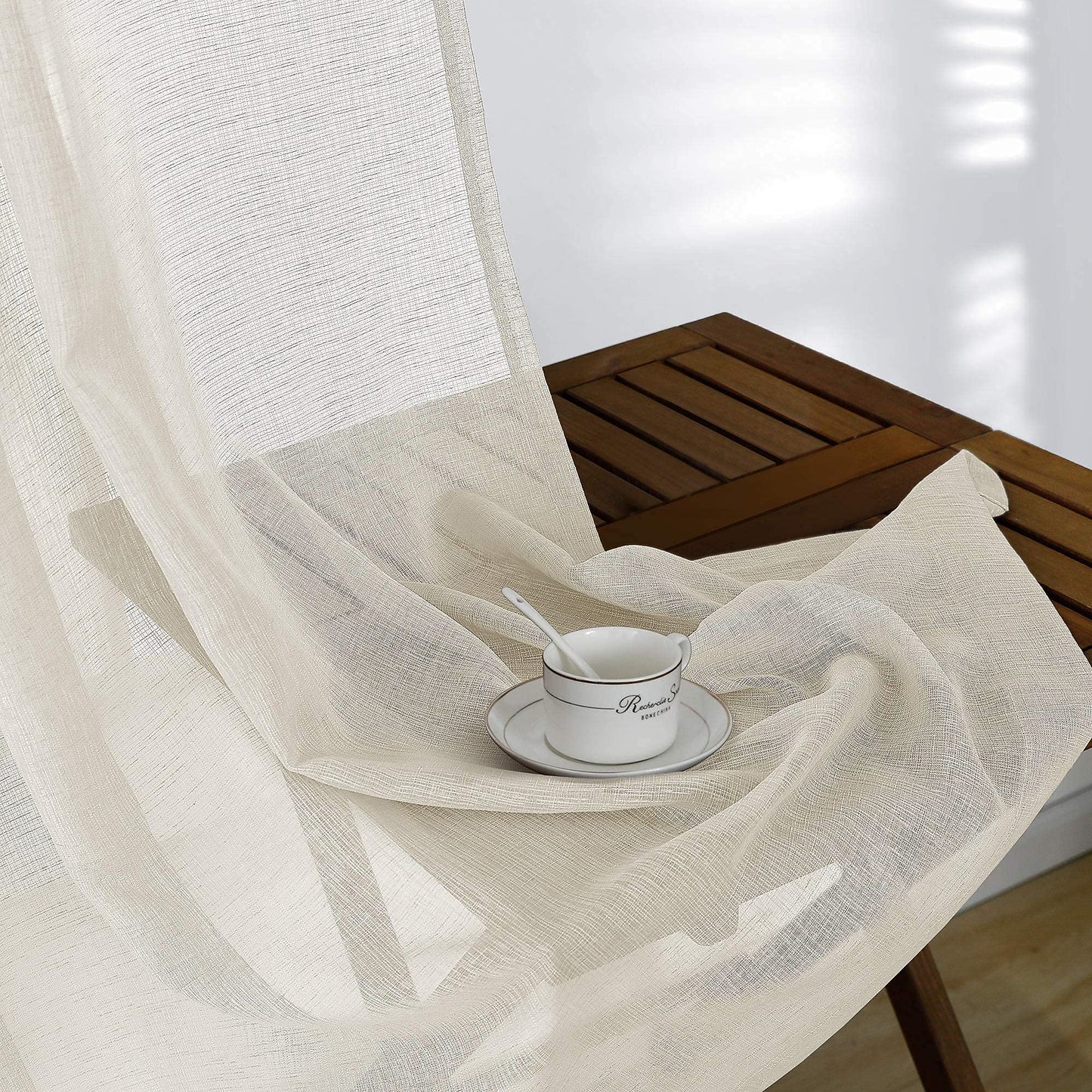 KOUFALL Cream Beige Sheer Curtains 84 Inches Long,Linen Look Semi Light Filtering Shabby Chic Curtains for Living Room Bedroom