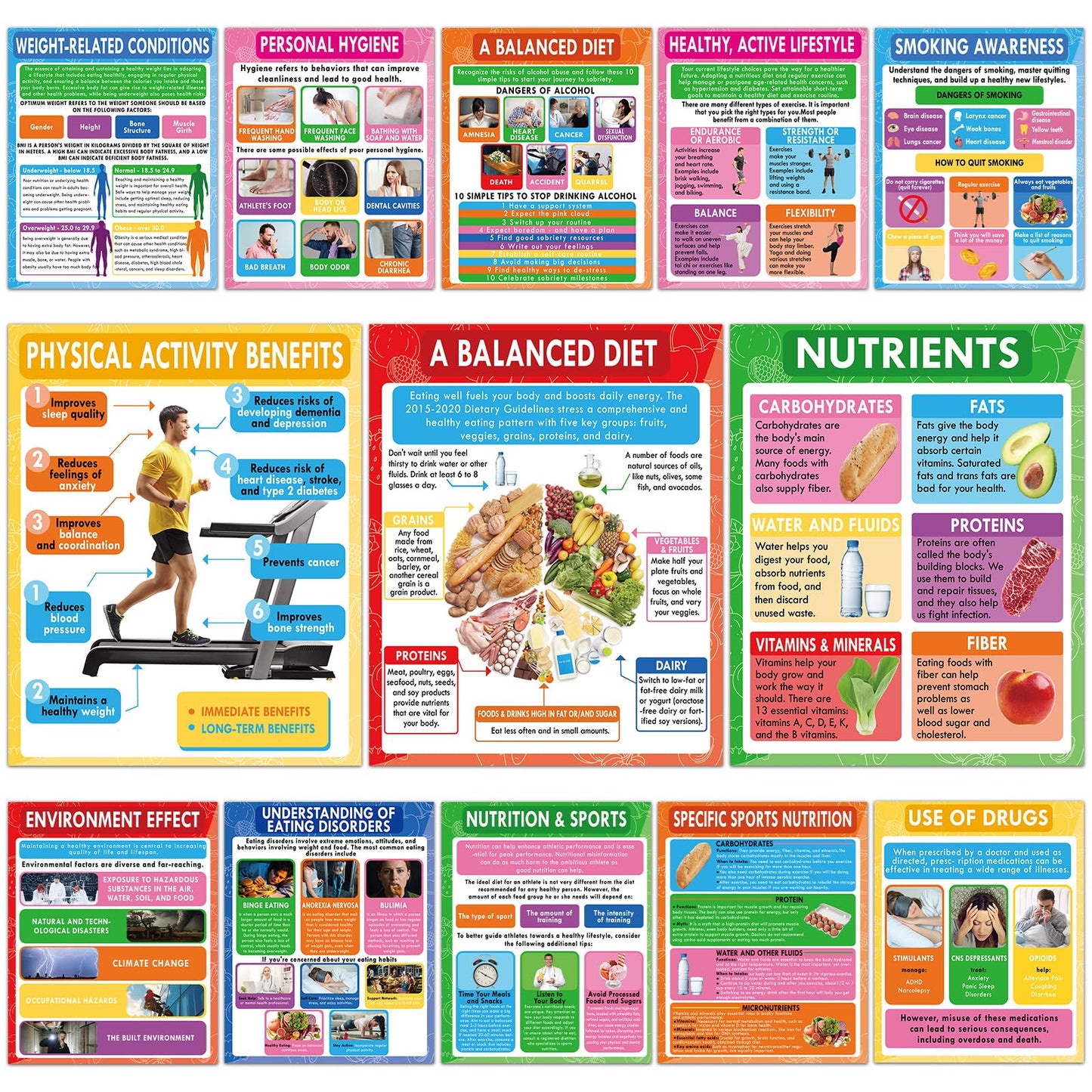 13Pcs Health Lifestyles Posters for Classroom Health and Physical Educational Learning Materials Fitness Food Chart Nutrition Sports Wall Art for Back to School Student Teacher Home Kitchen Wall Decor