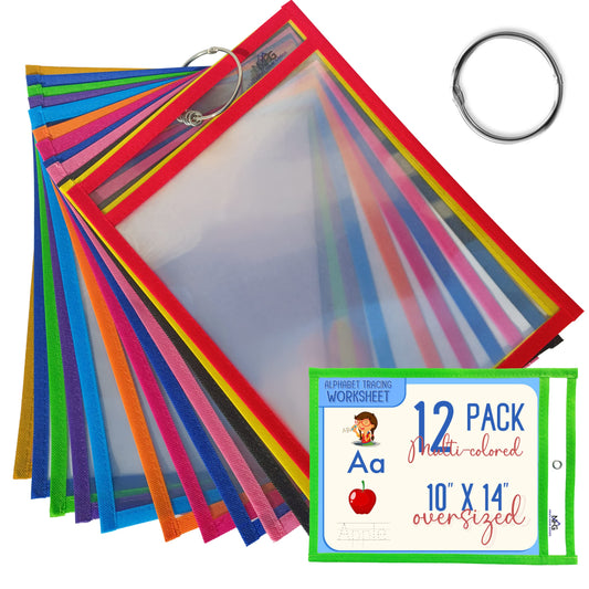12 Packs Oversized Dry Erase Pockets Sleeves - 10 Assorted Colors with Binder Ring - Dry Erase Sheets Reusable - 10x14 Ticket Holders - Clear Plastic Sheet Protectors for Classroom Teacher Supplies