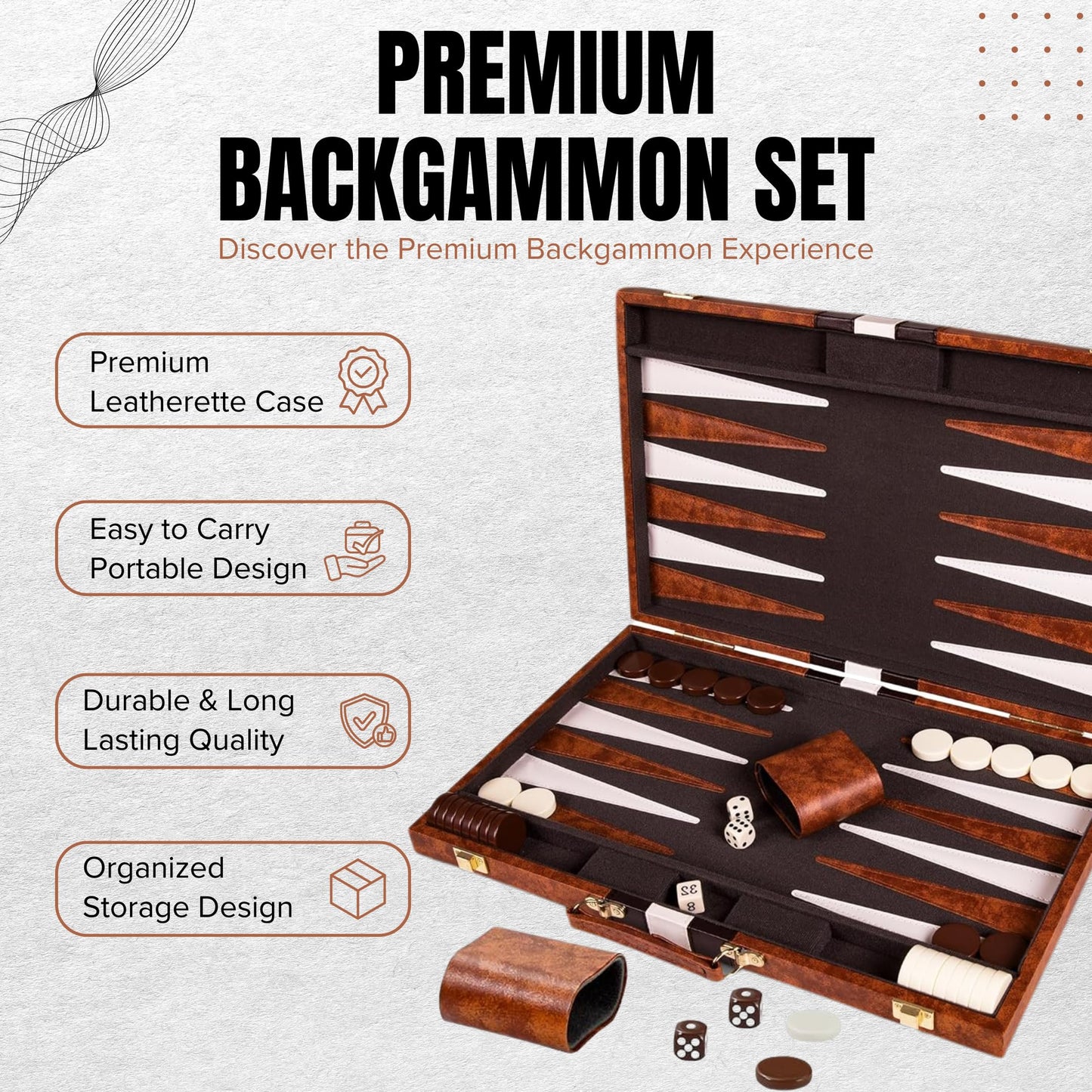Premium Backgammon 18 Inches Large Brown - Backgammon Sets for Adults and Kids - Leatherette Back Gammon Board Game Set - Travel Backgammon Set Board Encased with Accessories