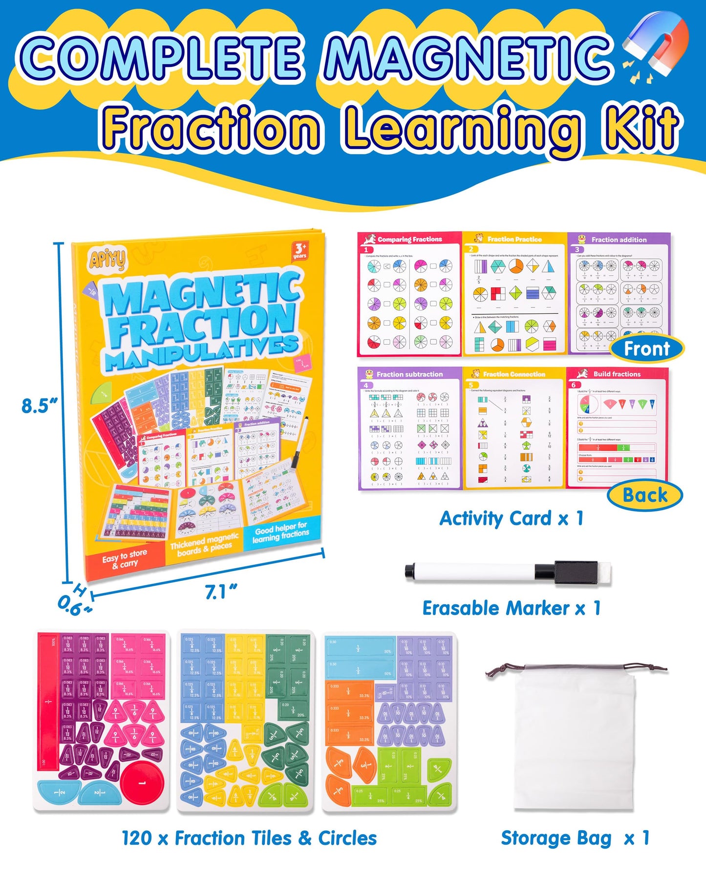 Magnetic Fraction Educational Puzzle, Magnetic Fraction Demonstration Book with Fraction Tiles & Circles, Montessori Fraction Manipulatives for Elementary School, Hands-On Math Learning Toys for Kids