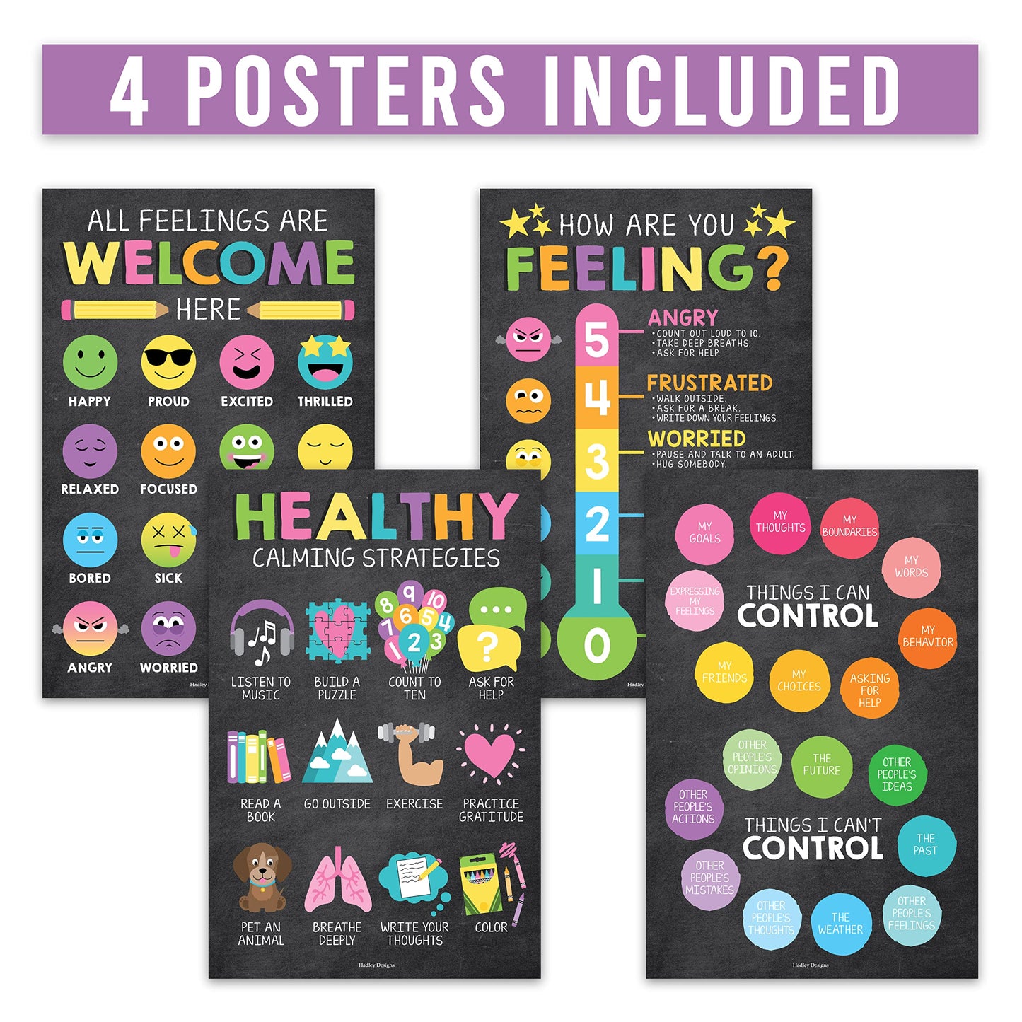 Hadley Designs Feelings Chart for Classroom Must Haves - Emotions Chart for Toddler Calm Down Corner Supplies, Feelings Wheel, Mental Health & Social Emotional Learning Posters, Chalk Classroom Decor