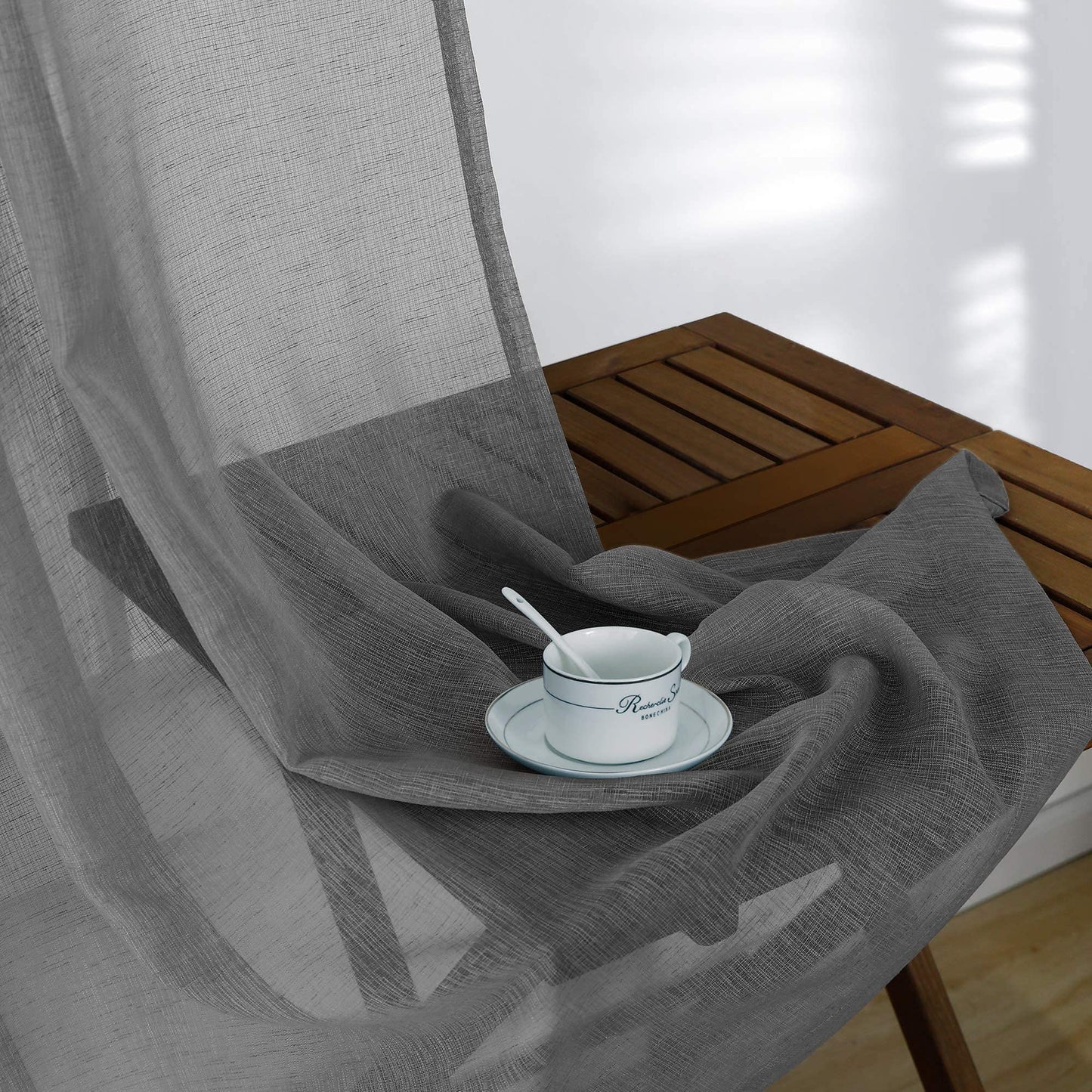KOUFALL Dark Grey Curtains for Bedroom Living Room,Sheer Linen Look Gray Charcoal Curtains,96 Inches Long 2 Panel Set