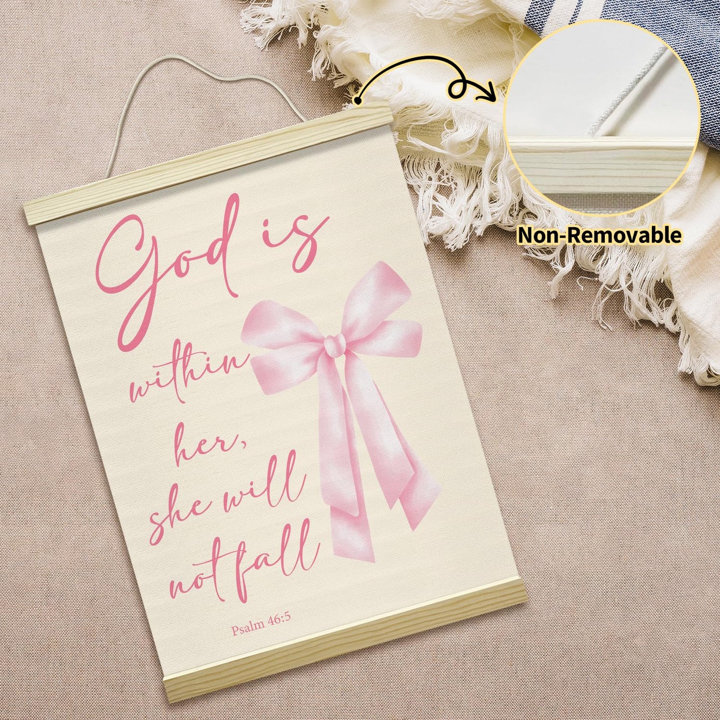 Pink Bow Coquette Poster Hanger Frame, God is within Her Bible Verse Christian Posters Canvas Wall Art for Women Girls Dorm Bedroom Decor, 12x16 Inches -029