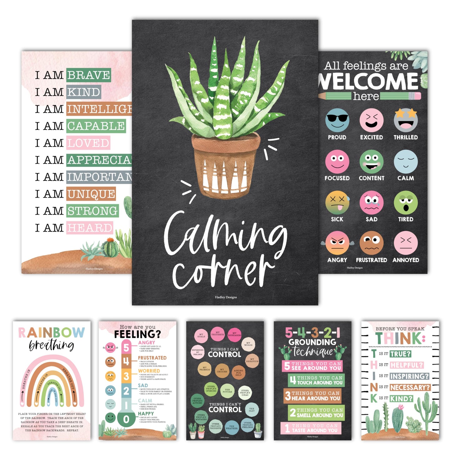 Hadley Designs 8 Calming Corner Posters for Classroom Must Haves -Calm Down Corner Supplies with Emotions Chart,School Counselor Mental Health Poster,Feelings Chart For Kids, Farmhouse Classroom Decor