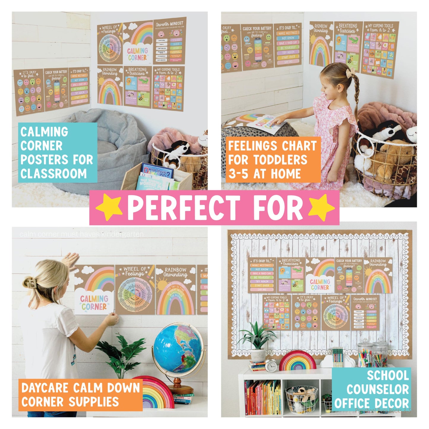 Hadley Designs 9 Calming Corner Posters for Classroom Must Haves - Calm Down Corner Supplies with Emotions Chart, School Counselor Mental Health Poster, Feelings Chart For Kids, Kraft Classroom Decor
